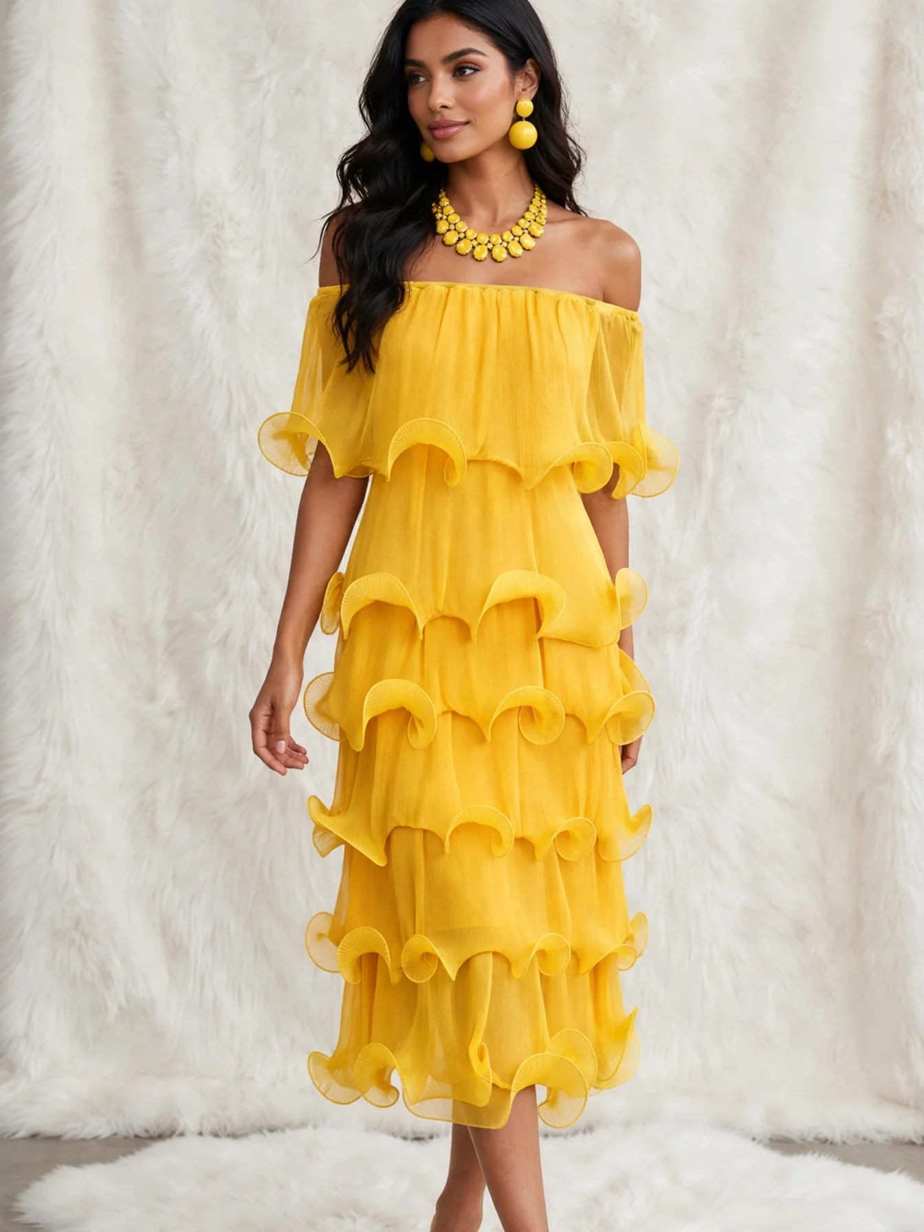 Women's Ruffle Cake Tier Slash Collar Dress