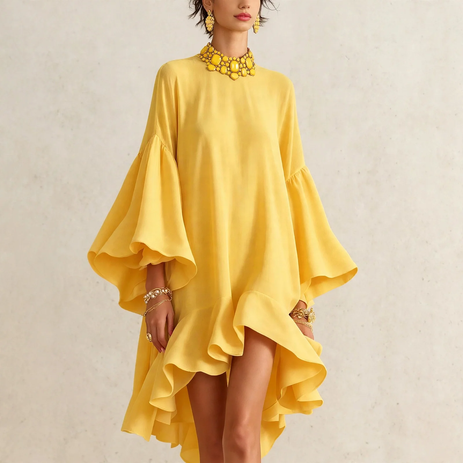 Elegant O Neck Loose Ruffled Asymmetrical Party Dress