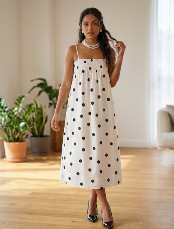 Polka Dot Spaghetti Strap Loose Comfortable Fit  Midi Sundress
