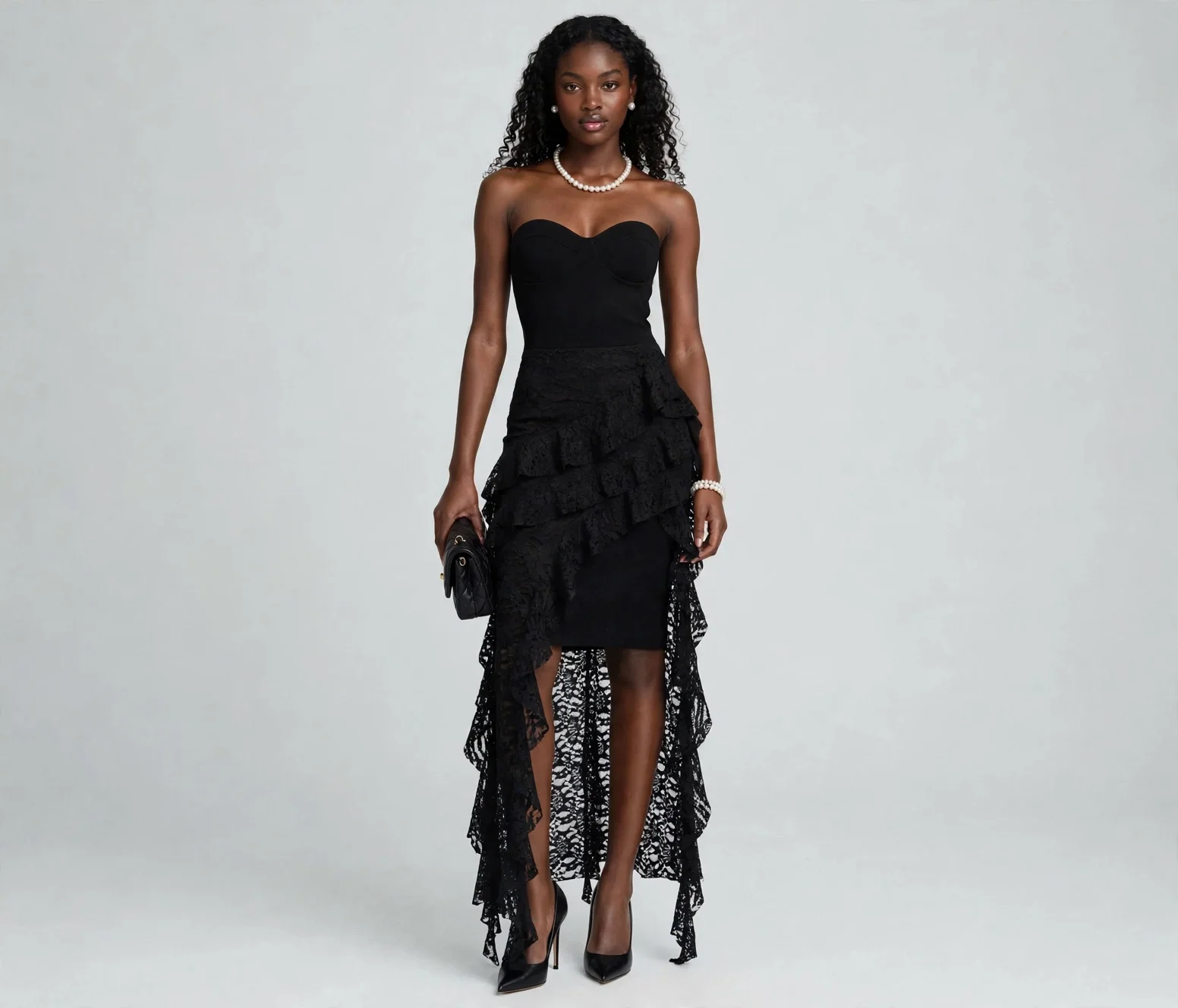 Women's Black High-Waist Lace Trim Tiered Ruffle Skirt.