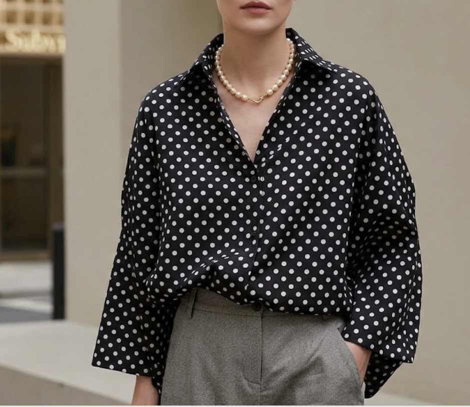 Loose Oversized Long Sleeve Button Down Trendy Polka Dot Blouse