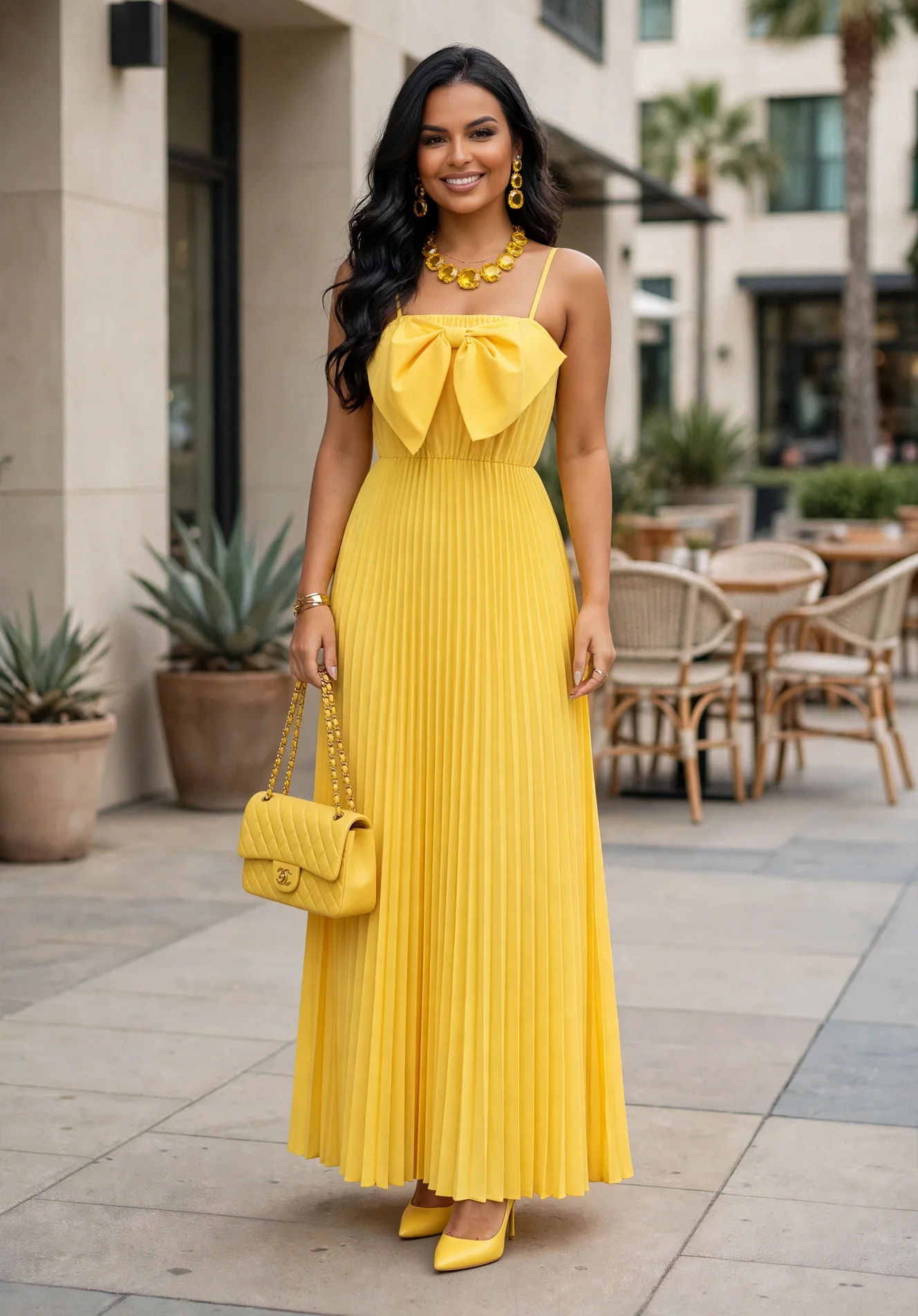 A woman with long black hair, wearing a bright yellow pleated dress with a large bow on the bodice, standing outdoors. She accessorizes with matching yellow jewelry, yellow high heels, and carries a yellow quilted handbag. The background features modern buildings and outdoor seating near potted plants.