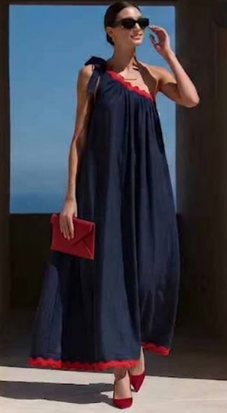 Women's Navy Red Contrast Scallop Trim One Shoulder Luxury Maxi Dress Dresses For Vacation