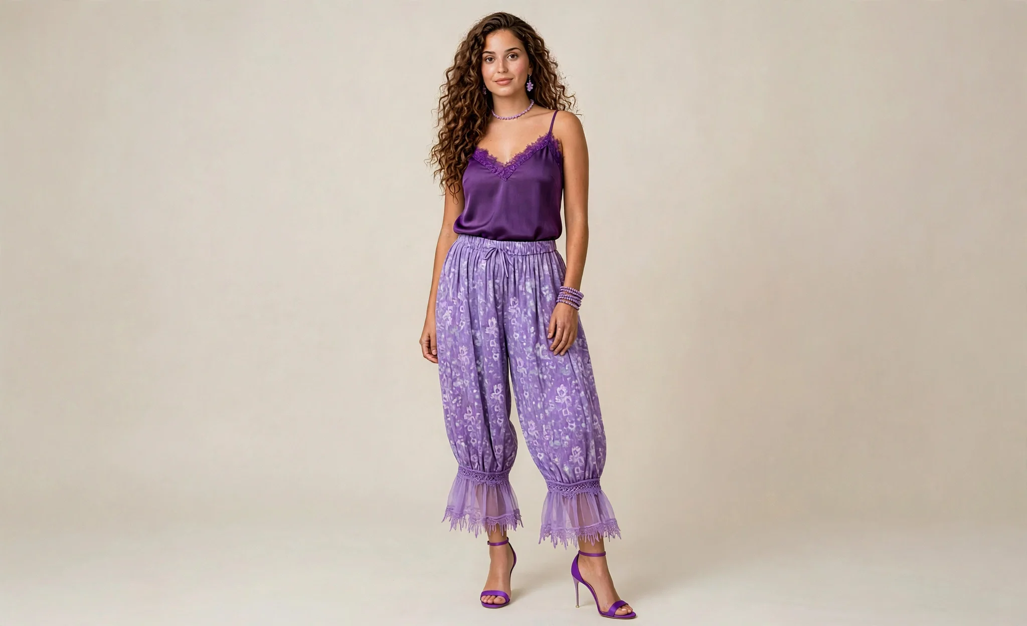 Women's Lilac Floral Elastic Waist Ankle Length Lace Trim Lantern Pants