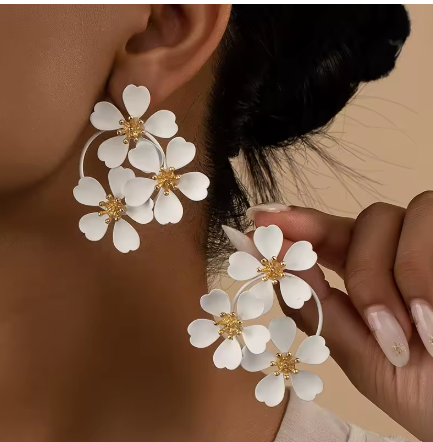 Bohemian Three Camelia Flower Party Earrings