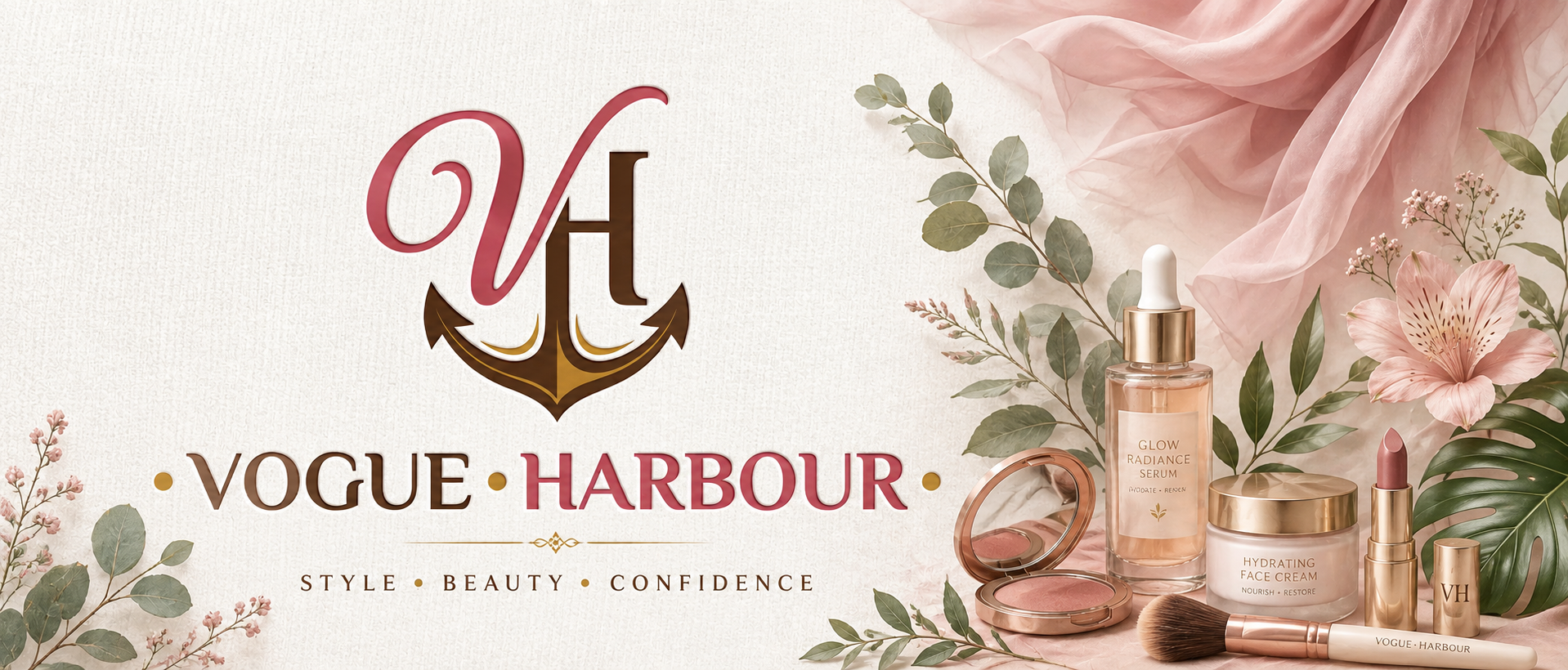 Vogue Harbour logo with anchor design, surrounded by beauty products including serum, face cream, lipstick, blush, and makeup brush, with pink flowers and green leaves background.