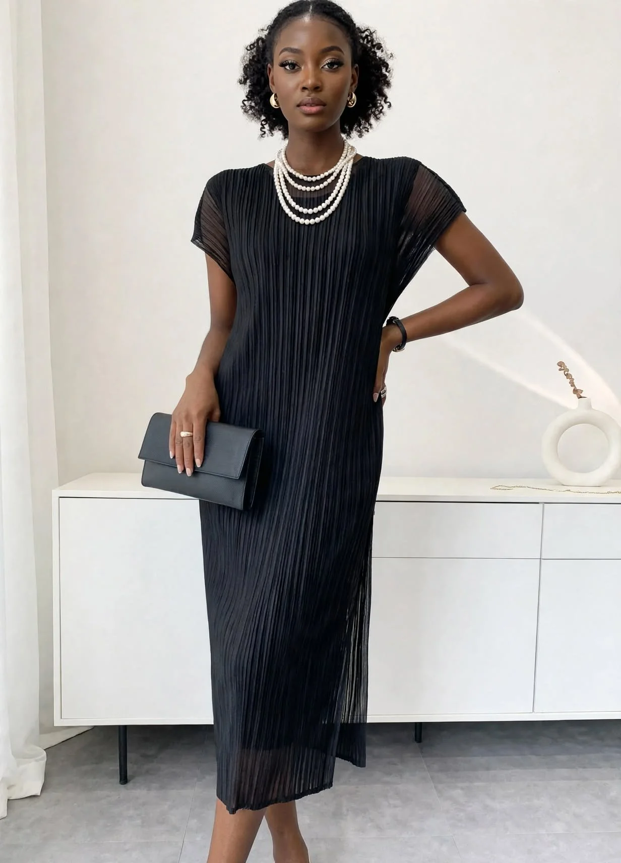 Women's Textured Pleated Round Neck Side Slit Black Formal Dress