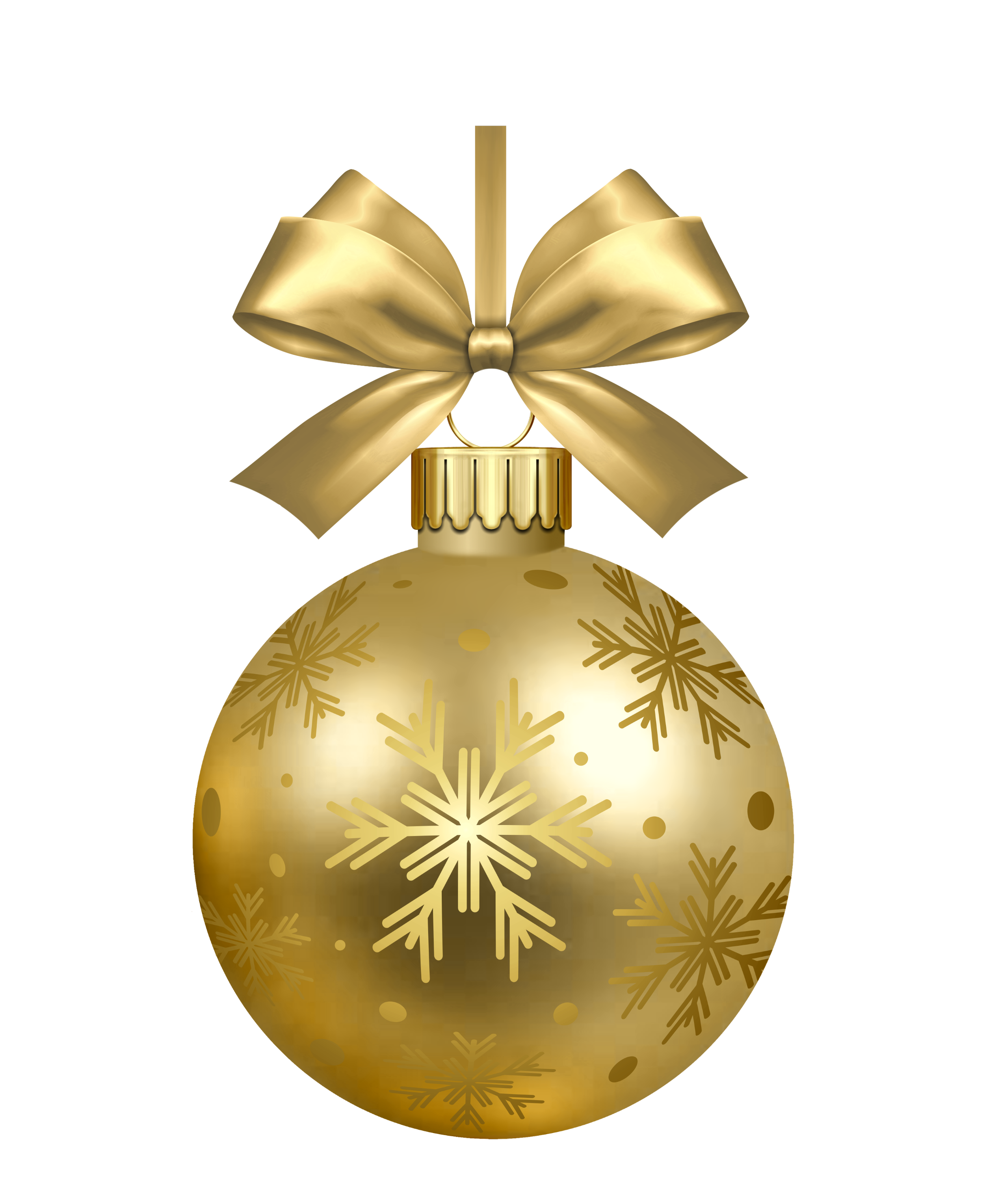 Gold Christmas ornament with snowflake patterns and a matching gold bow on top.
