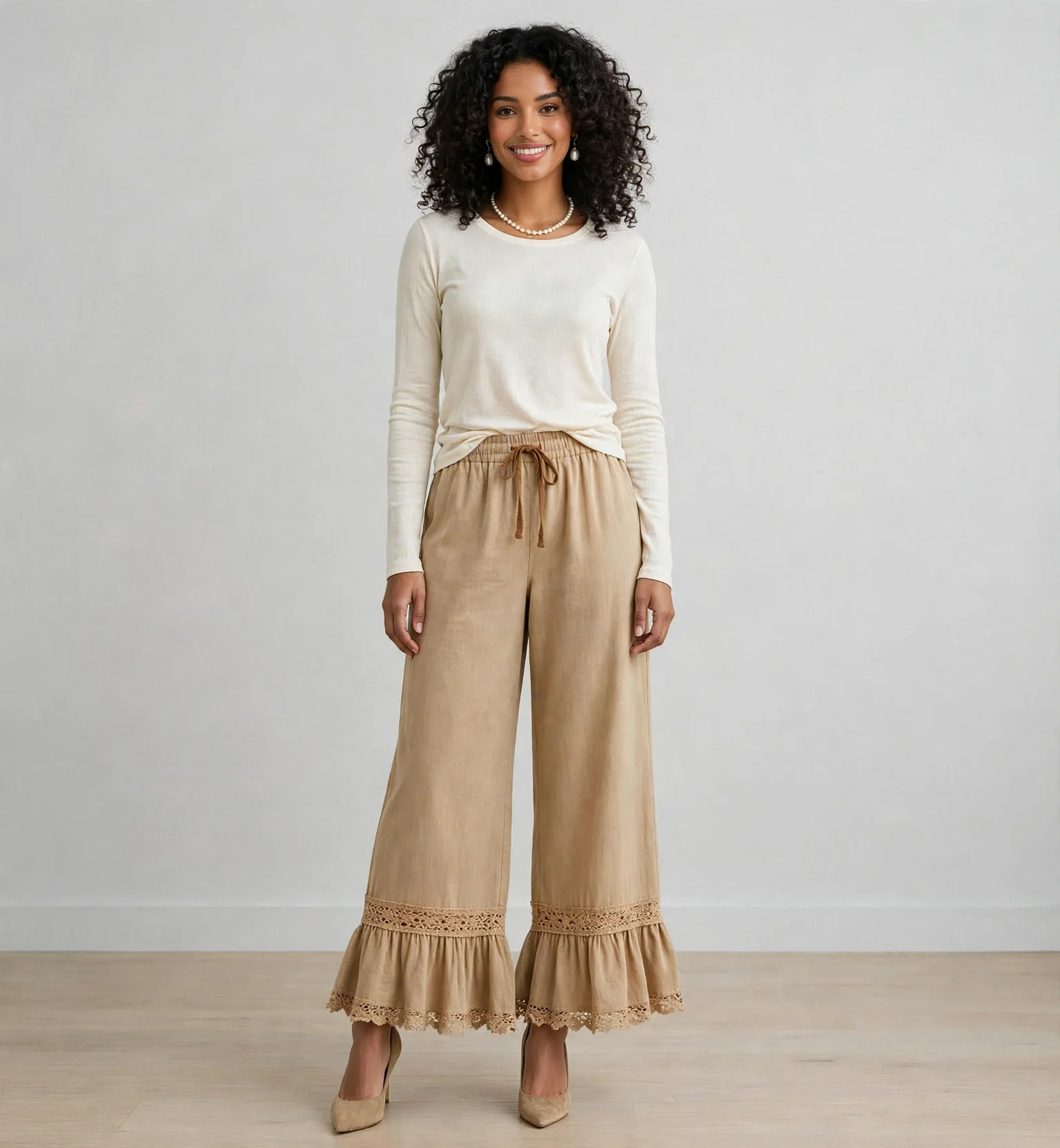 Women's Loose Elastic Waist Lace Hem Wide Leg Crop Pants