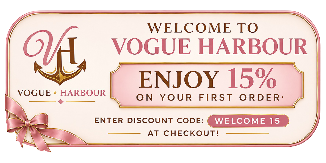 A promotional banner for Vogue Harbour offering 15% off on the first order with discount code WELCOME 15, featuring a pink and cream background, pink ribbon bow, and text in pink and gold.