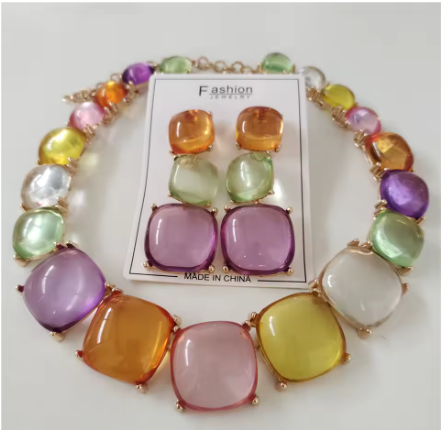 Multicolor Glass Fashion Necklace and Earring Jewelry Set