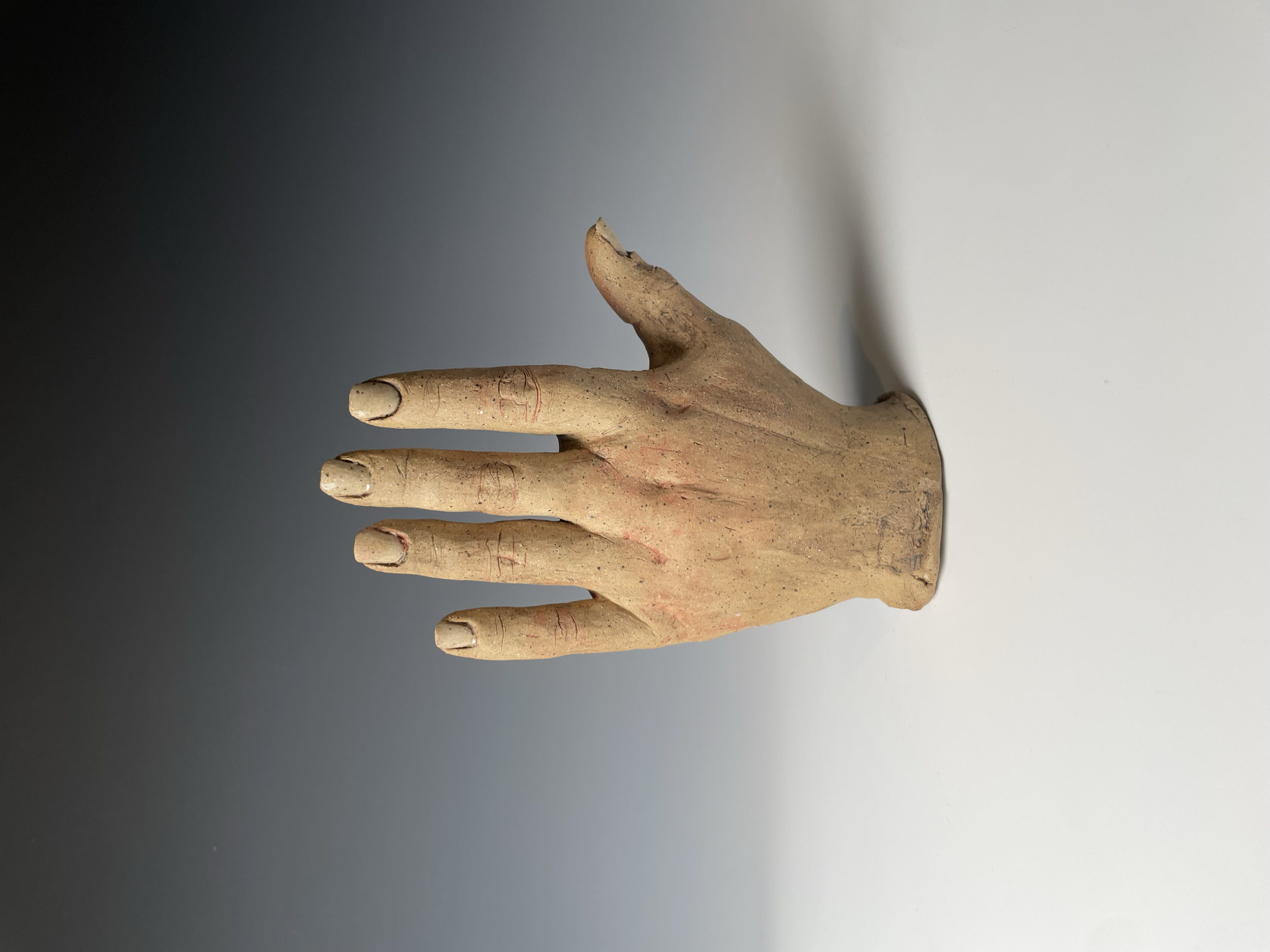 A realistic mannequin hand with painted nails, positioned against a gradient gray background.