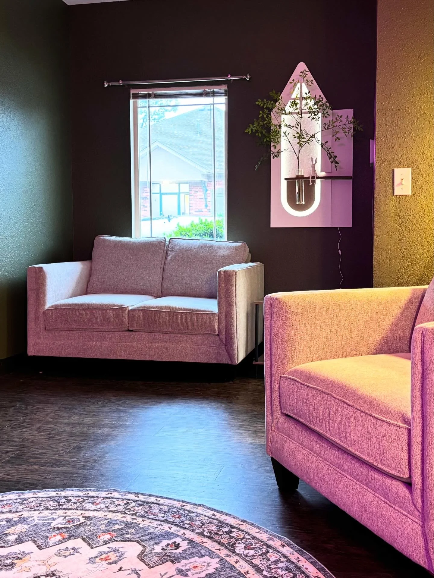 Living room with pink sofa, side chair, rug, and wall decor with a window letting in natural light.