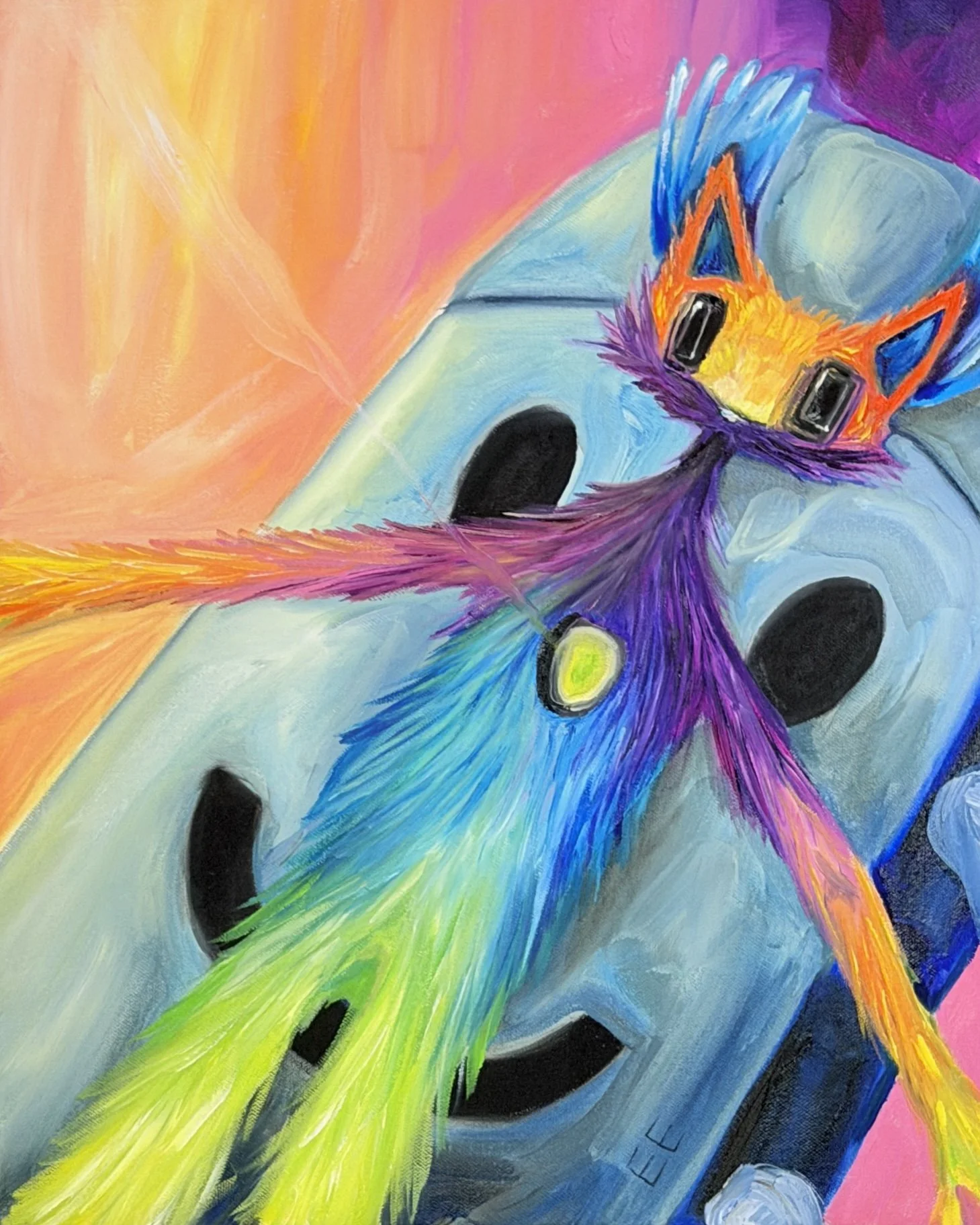 Colorful, abstract painting of a creature with rainbow-colored fur, large black eyes, and a long, multicolored tail, sitting on a blue and pink background.