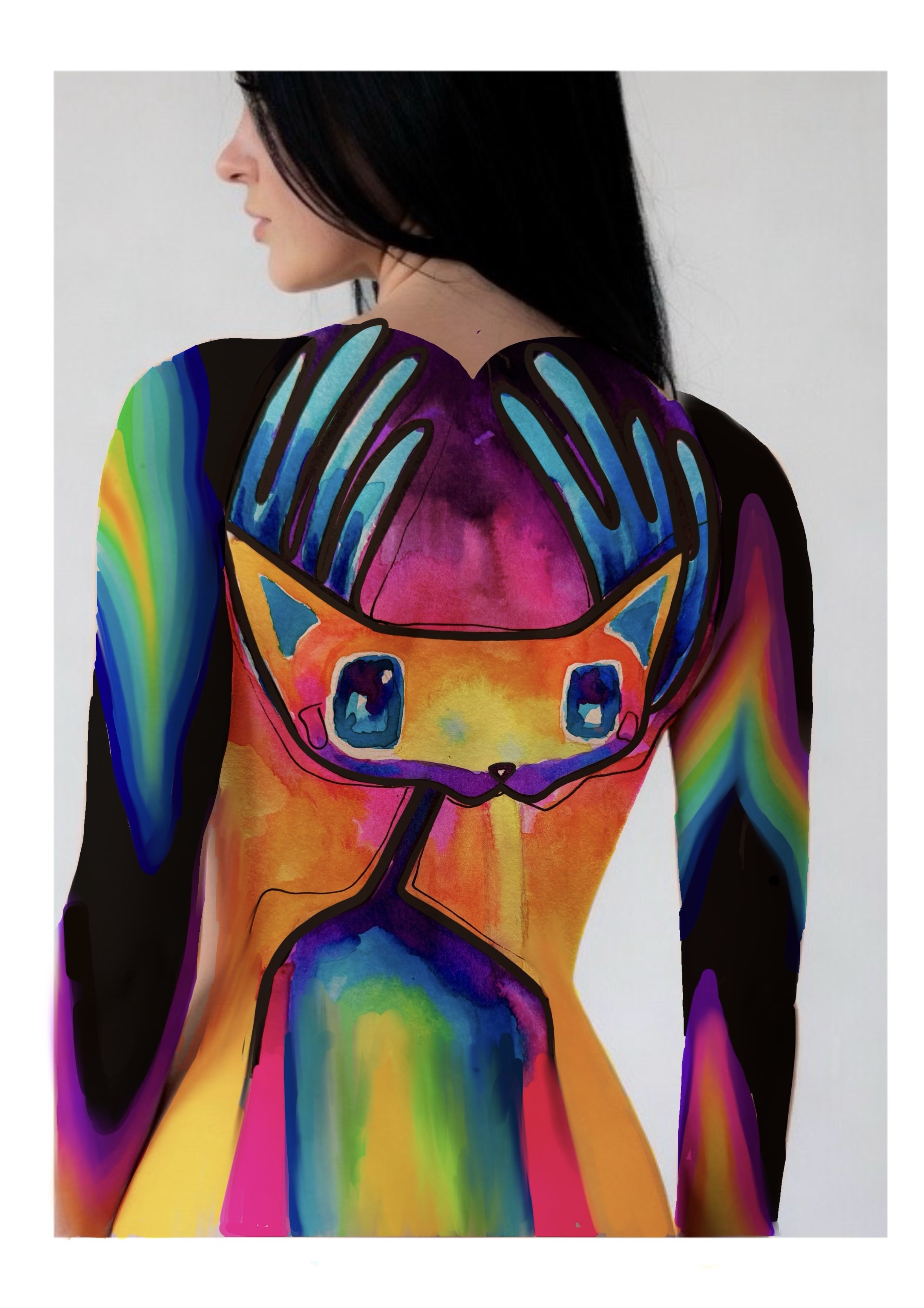 A woman with long dark hair wearing a black top, with a colorful artistic painting of a cat on her back and arms.