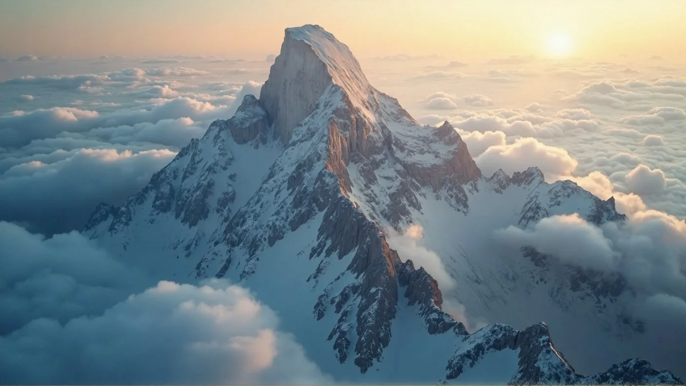 Snow-capped mountain peak rising above clouds at sunset.