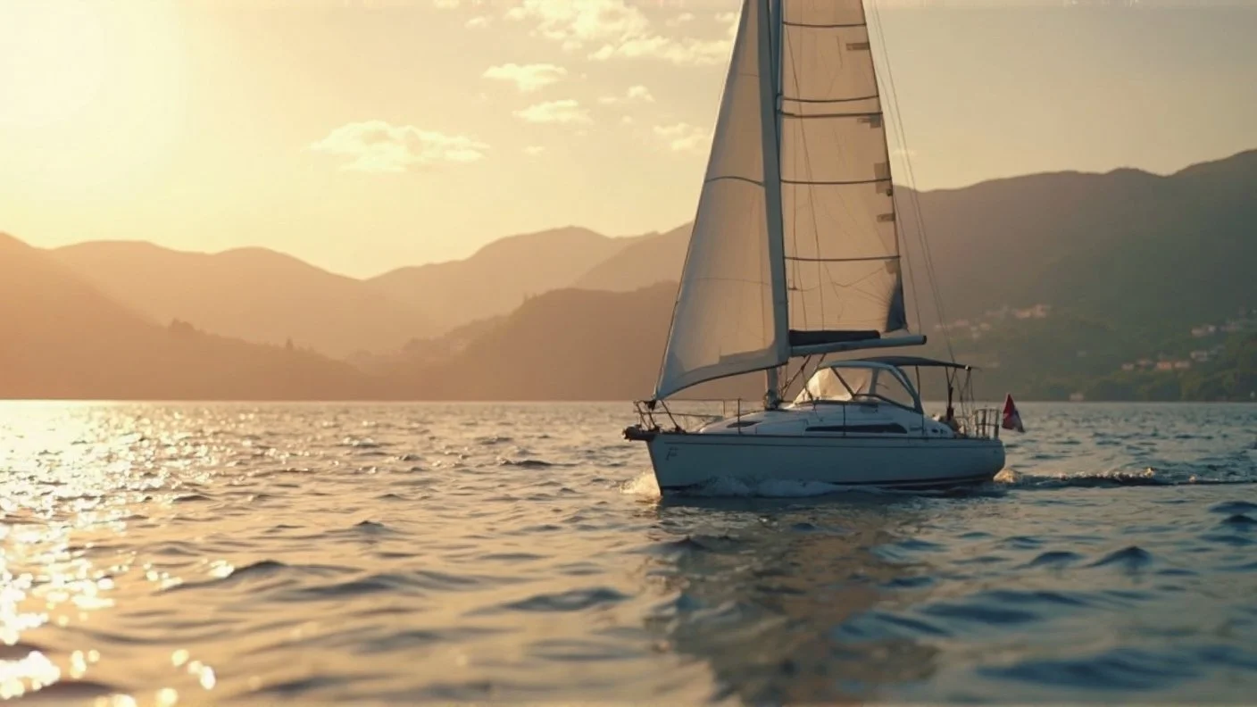 A sailboat with white sails on calm water during sunset, with a mountain range in the background.