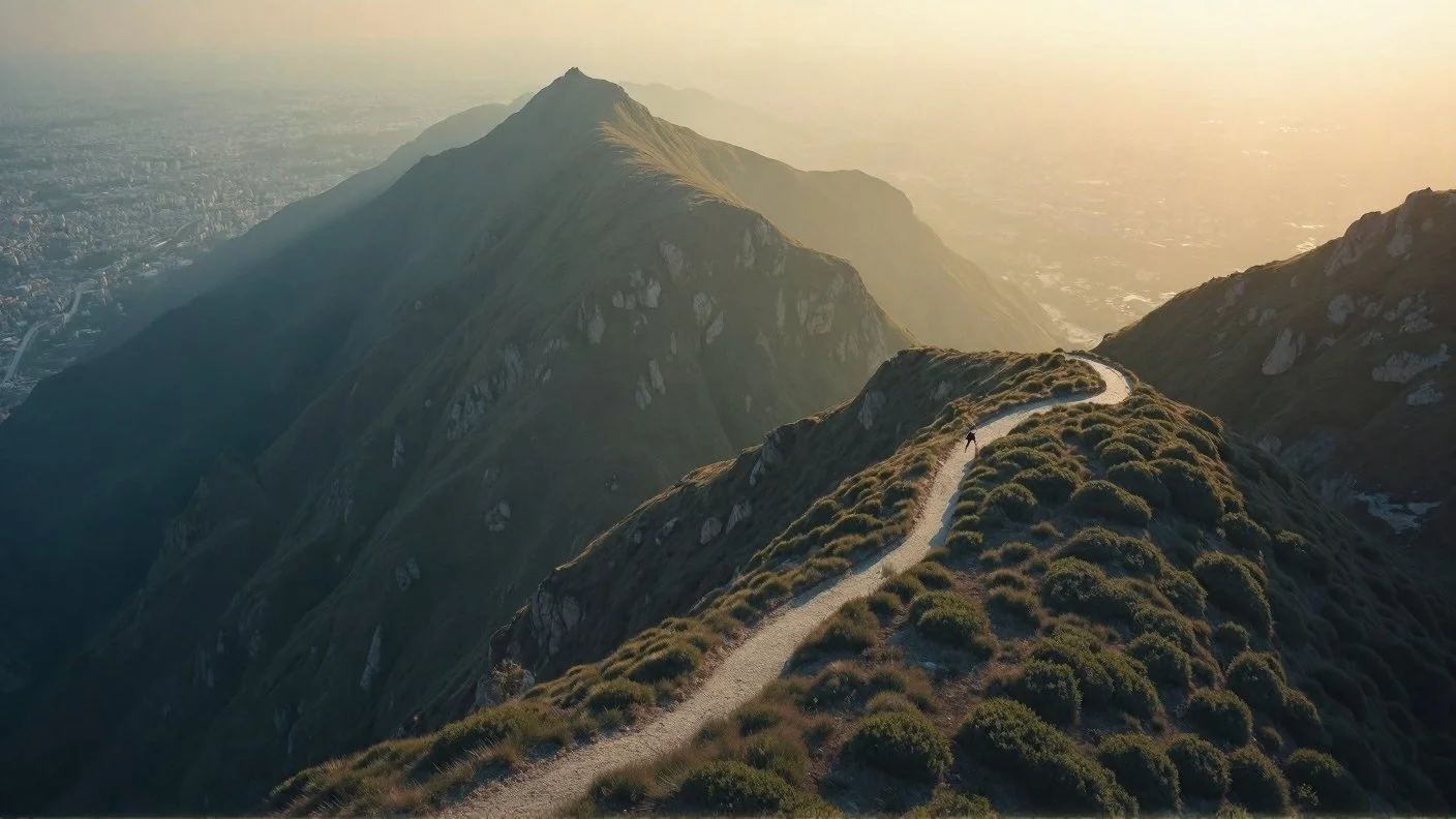 A hiker walking along a narrow mountain trail at sunset, overlooking a mountain range.
