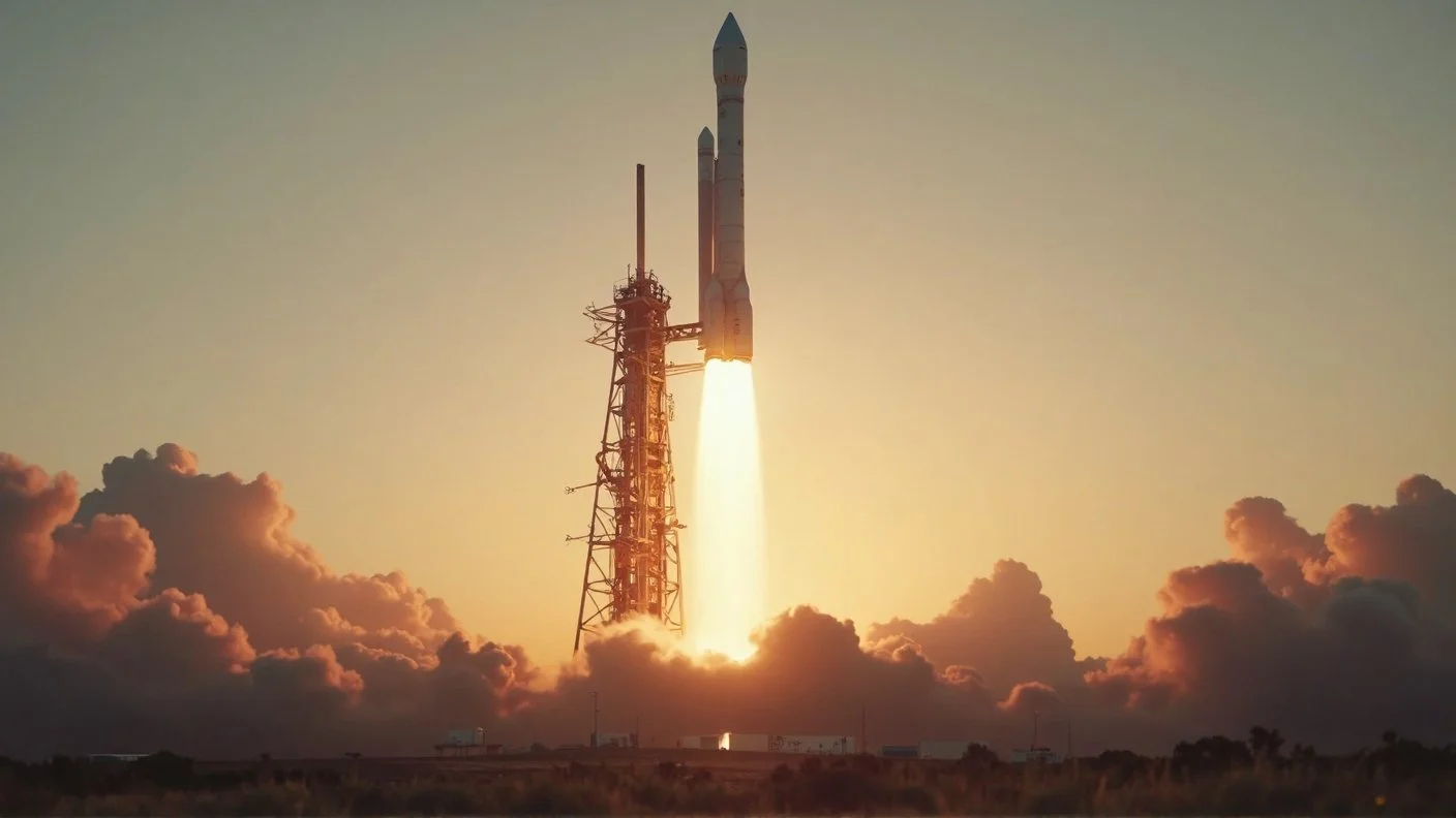 A rocket launching into the sky with bright flames and smoke at sunset