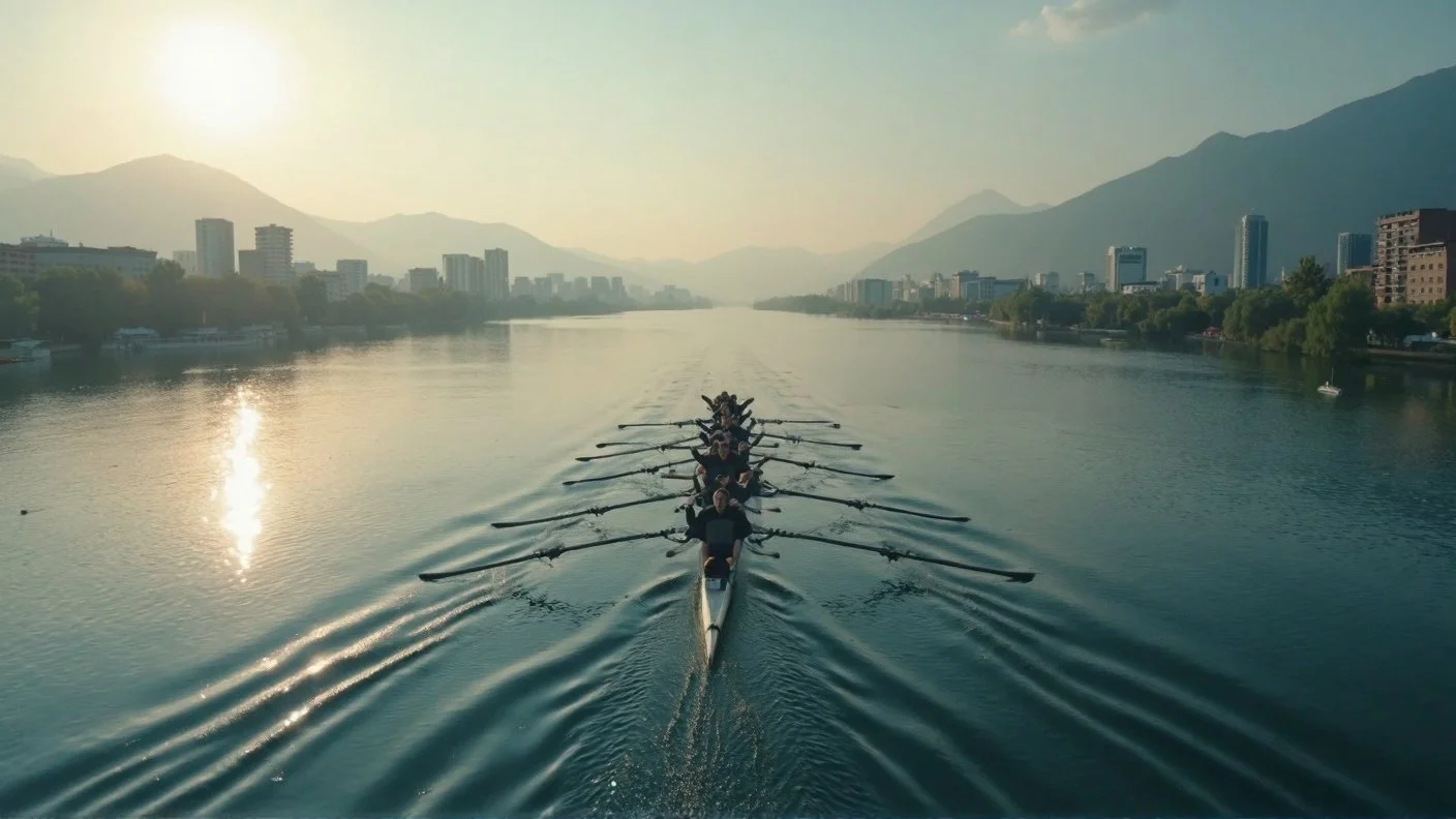 A team of rowers in a boat practicing on a large river with a city skyline and mountains in the background at sunset.