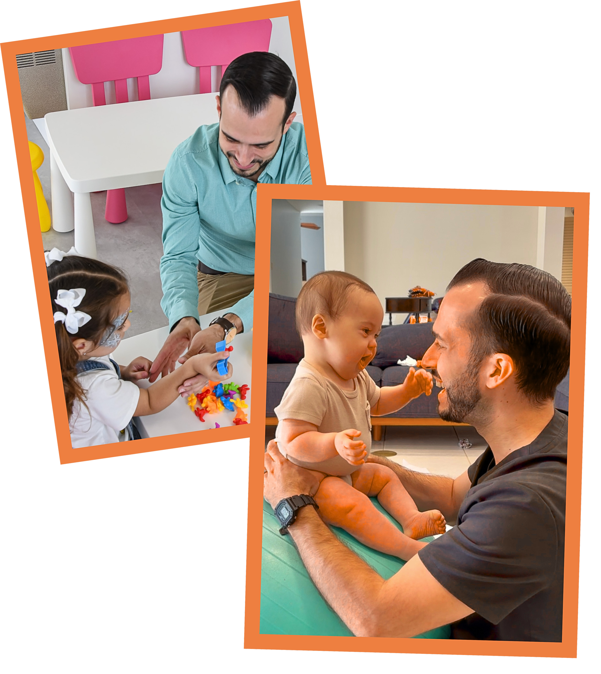 A man with dark hair and a beard smiling while sitting with children, engaging with them in a warm interaction in a room with kids' furniture.