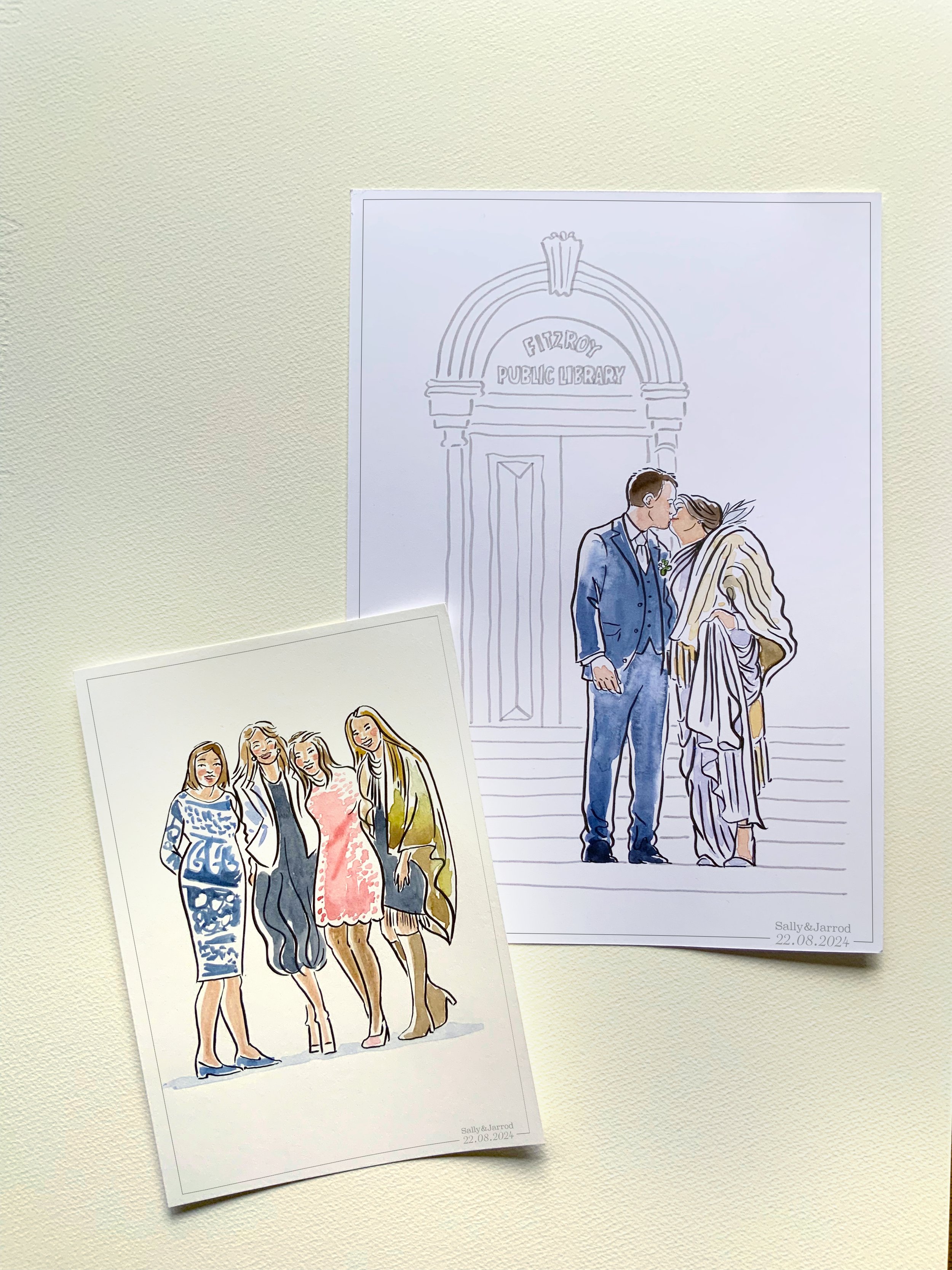 Two illustrated pictures, one of four women standing together, dressed in fashionable outfits, and the other of a couple kissing outside a public library, with a line drawing of the library building. The pictures are labeled with the names 'Sally & J