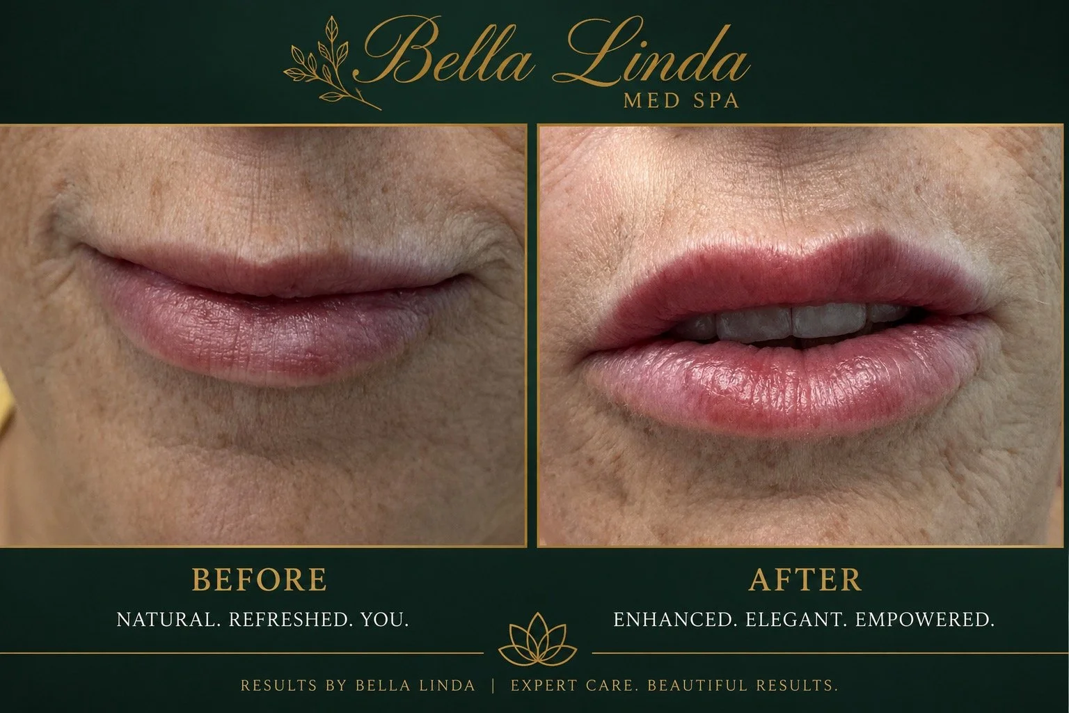 Comparison of lips before and after cosmetic treatment at Bella Linda Med Spa. The before image shows natural, dry lips with wrinkles, while the after image shows fuller, pinker, and more rejuvenated lips.