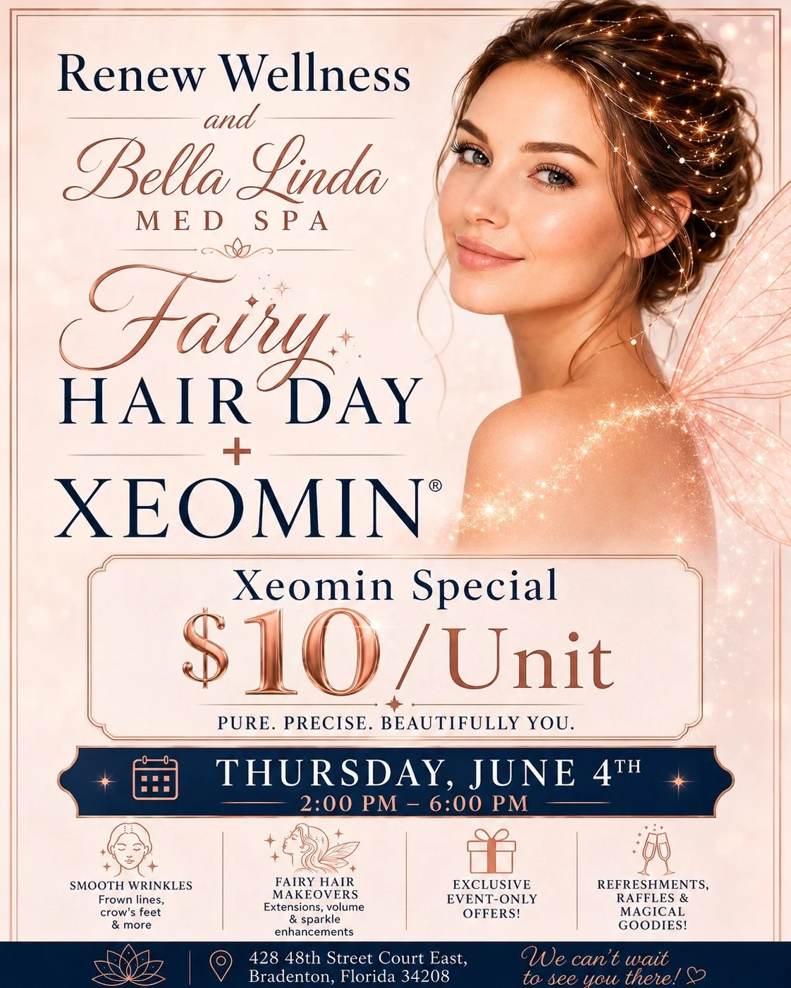 Flyer for 'Fairy Hair Day' at Bella Linda Med Spa featuring a woman with fairy wings and sparkles, promoting a special for $10 per unit of Xeomin on June 4th from 2 to 6 p.m., with details about cosmetic services and location in Bradenton, Florida.