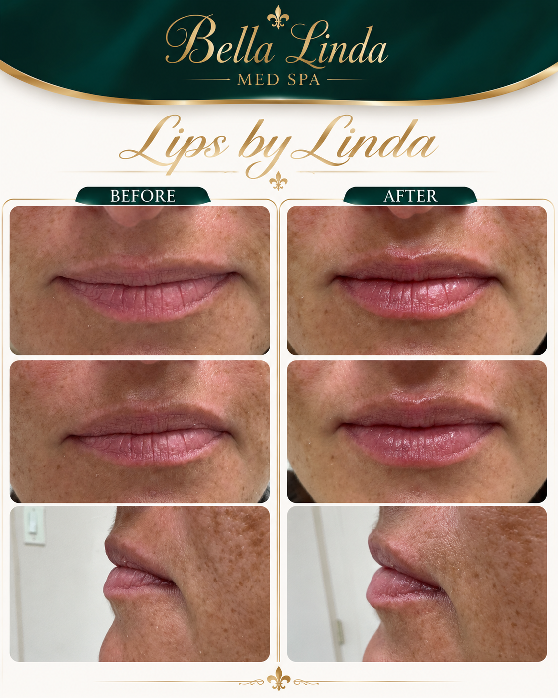 Before and after images showing lip and skin improvements, with the top row displaying lips before and after treatment, the middle row showing a closer view of lips, and the bottom row illustrating side profile views highlighting skin texture changes.