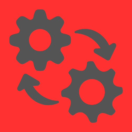 Two gray gears connected with arrows on a red background, representing process or system synchronization.