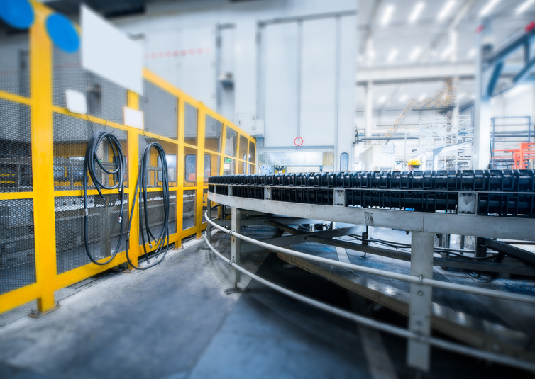 Industrial manufacturing facility with conveyor system and machinery.