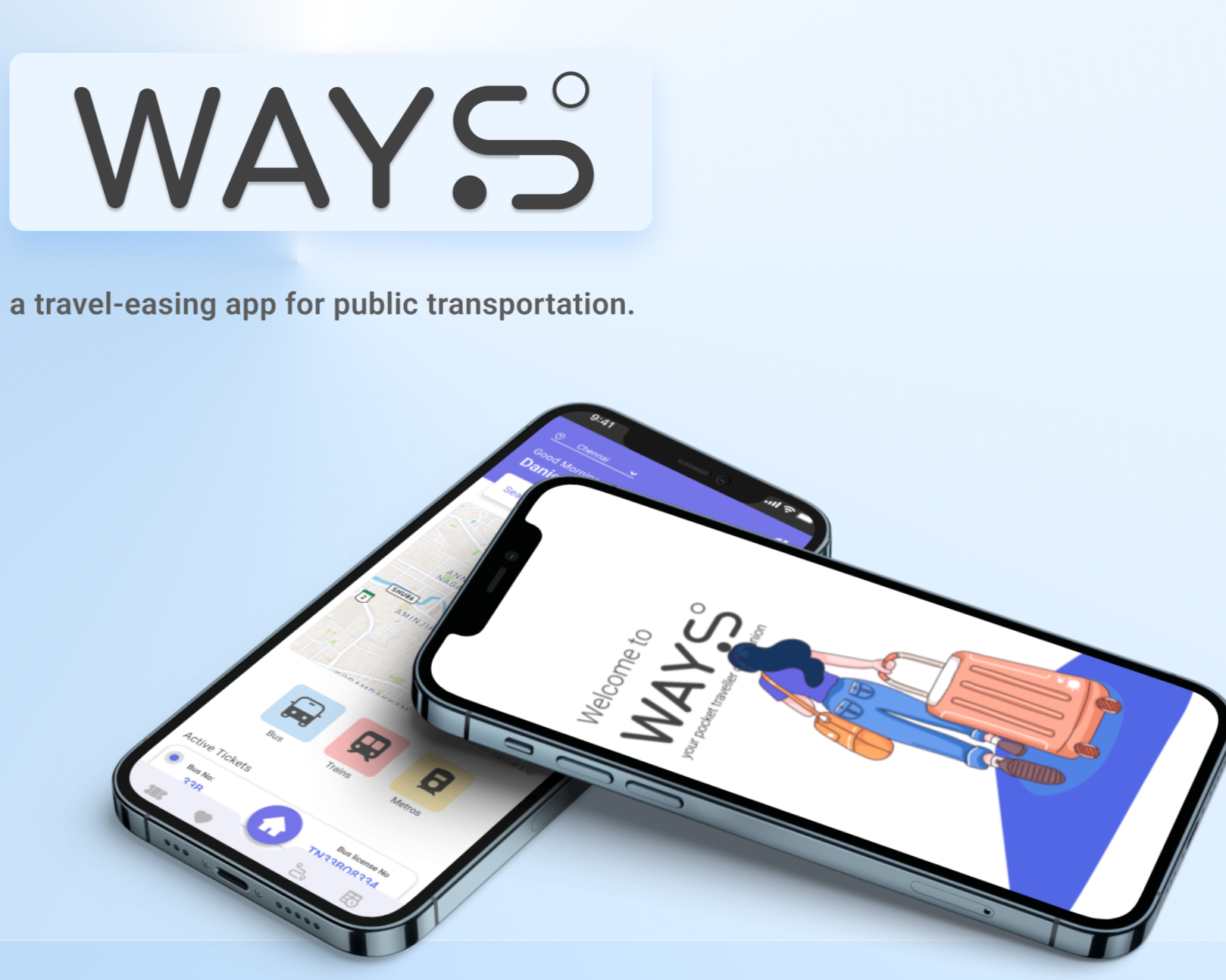 Screenshot of WAYS, a travel app for public transportation, showing a smartphone screen with a welcome message, illustrated woman with luggage, and a map with bus, train, and metro options.