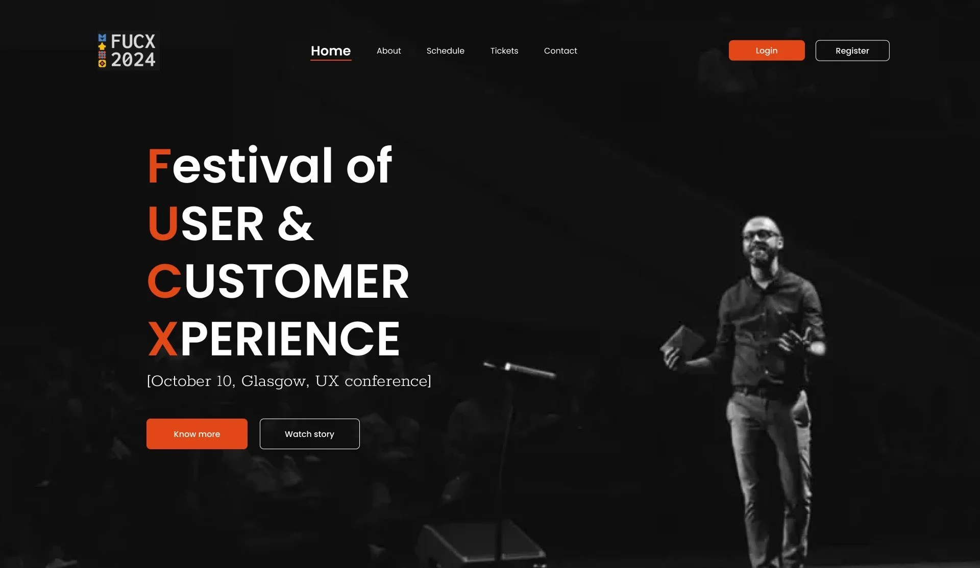 A website homepage for a UX conference called 'FUCX 2024' features a black background and a photo of a man on stage holding a microphone, dressed in dark clothing. The text highlights the conference date, location, and schedule, with options to register or learn more.