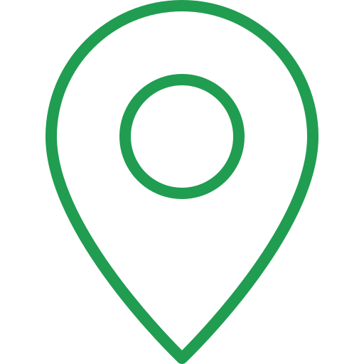 A green location pin icon on a black background.