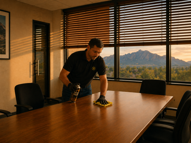 Commercial cleaning professional polishing a conference room table with furniture polish and a yellow microfiber cloth in an office with flatirons in the background.