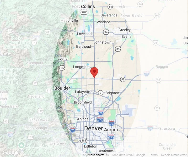Service area including all the communities in the Denver to Boulder to Fort Collins corridor