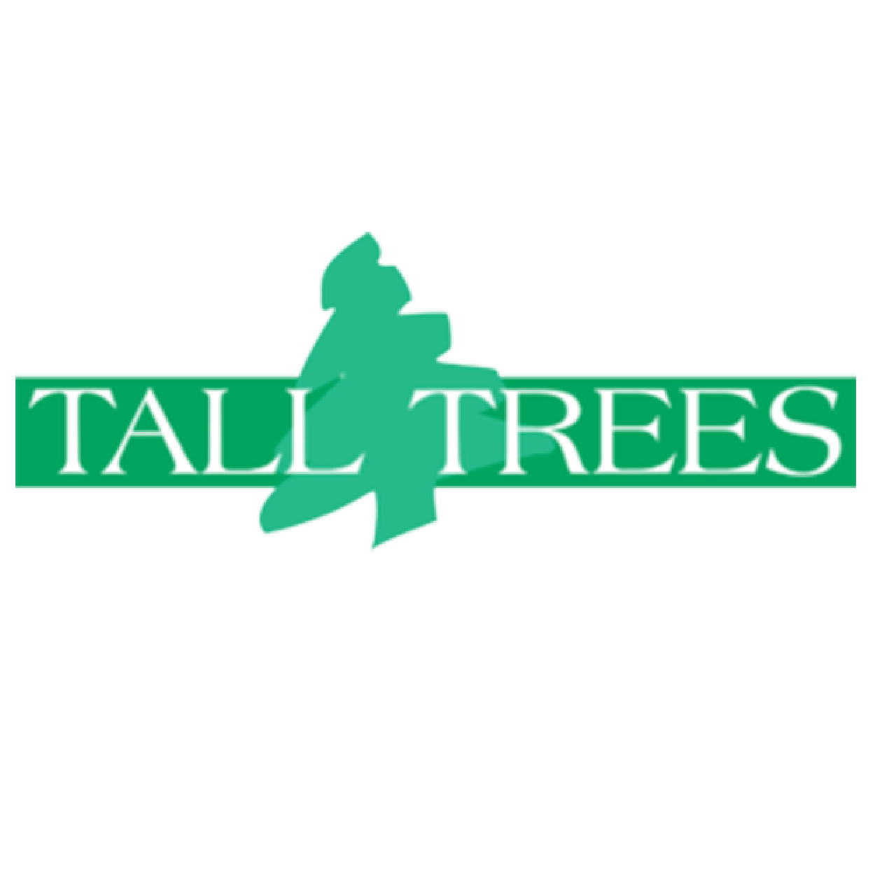 Sign for Tall Trees with green background and white text, featuring a silhouette of a person sitting on the sign.