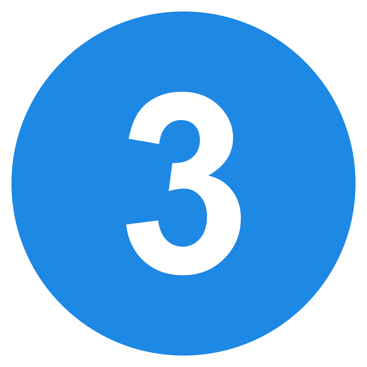 Blue circular sign with black number three in the center.