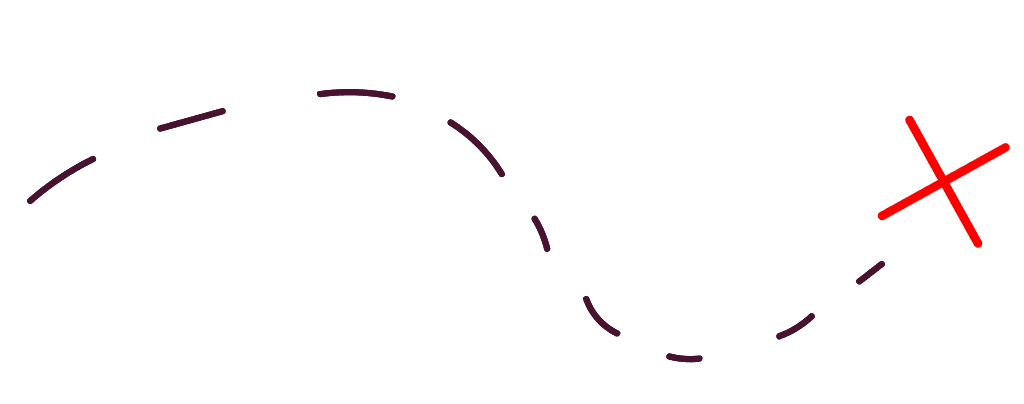 A black and white illustrated treasure map with a dotted path leading to a red X marking the location.