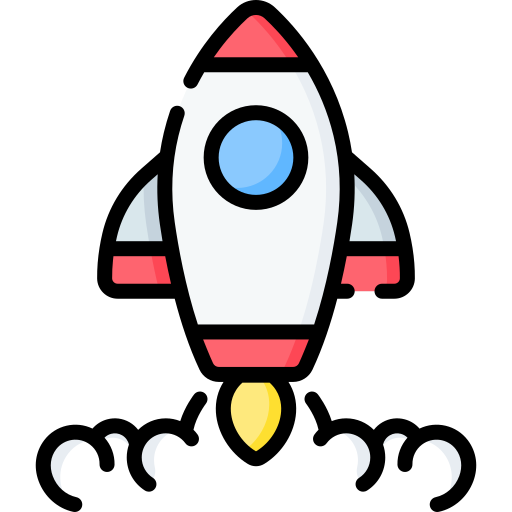 Cartoon rocket ship launching with fire and smoke