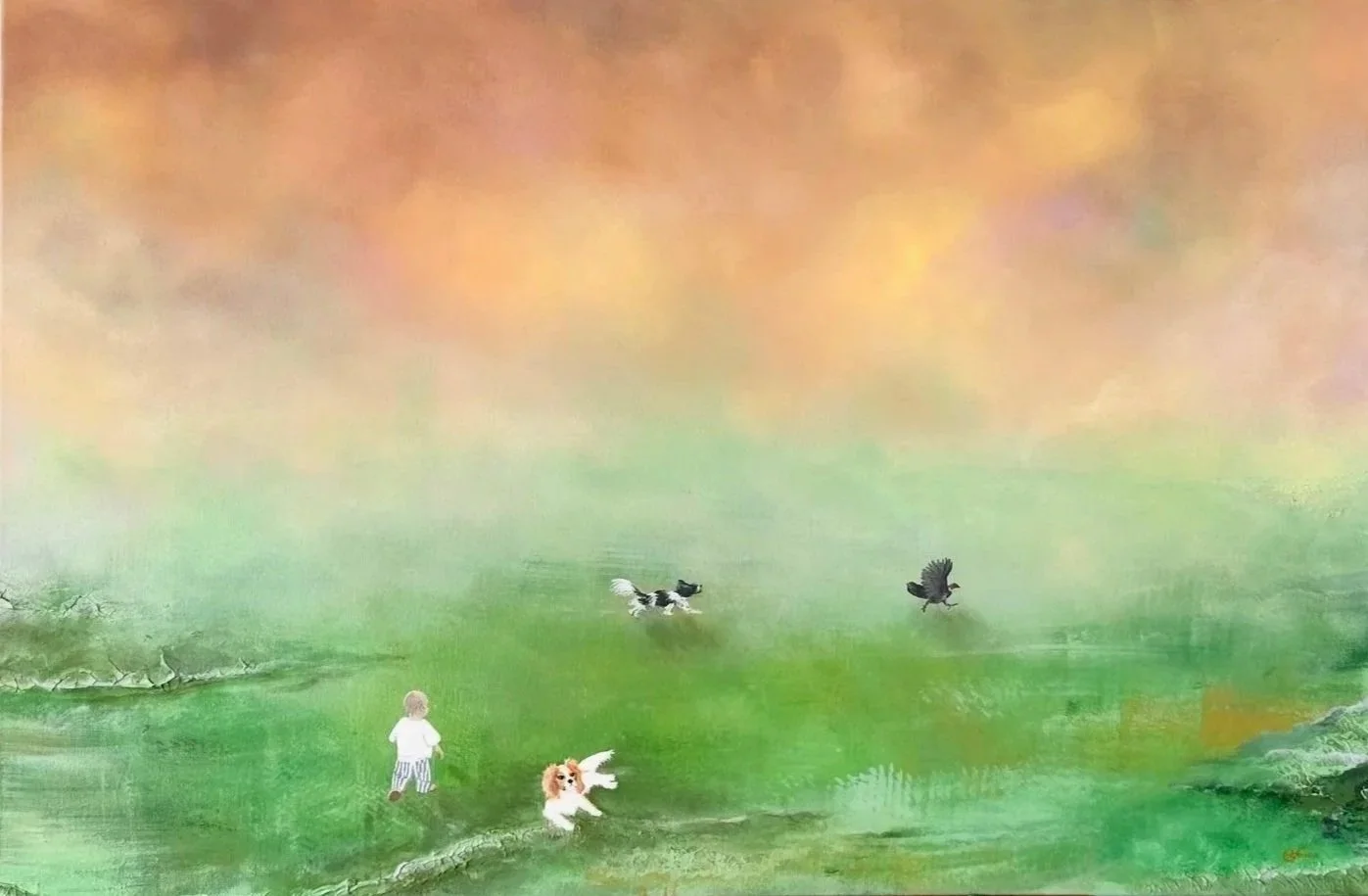 Child walking in a grassy field with a dog, two birds flying overhead, under a colorful, cloudy sky.