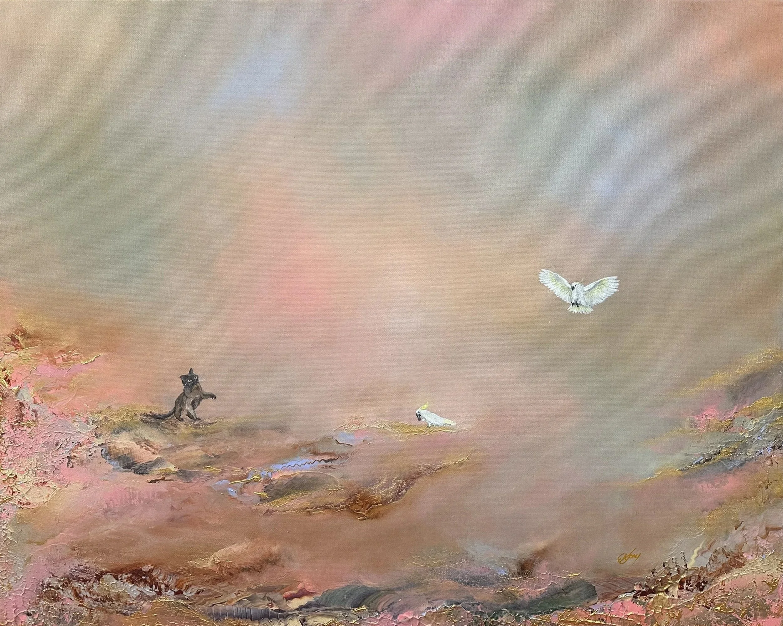 An abstract painting with soft pastel shades of pink, blue, and beige. There are three white birds flying in the sky, and a black animal, possibly a wolf or dog, standing on the rocky ground.