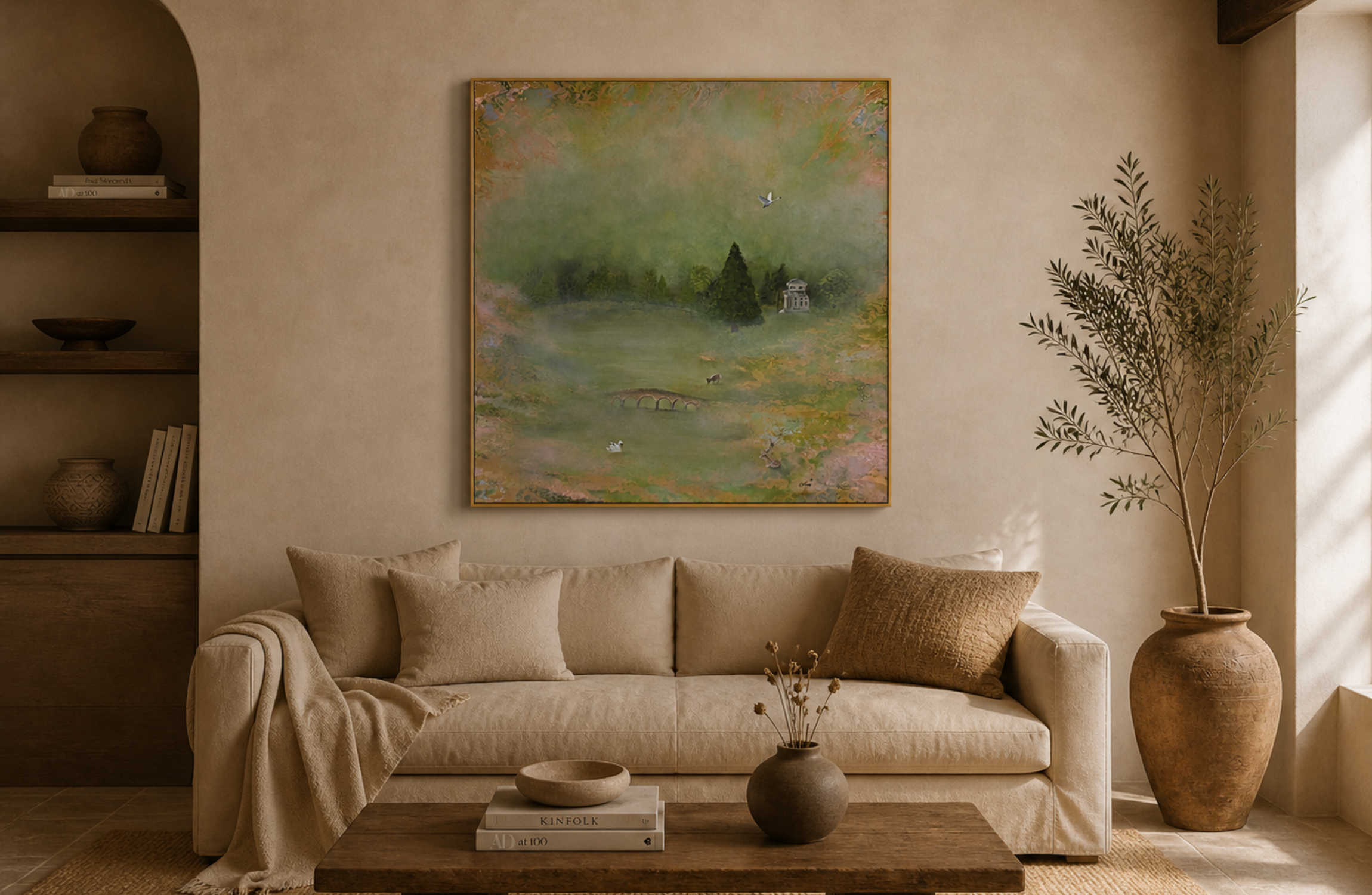 Living room with a beige sofa, throw pillows, a coffee table with books and vases, a large framed landscape painting on the wall, and a potted tree in the corner.