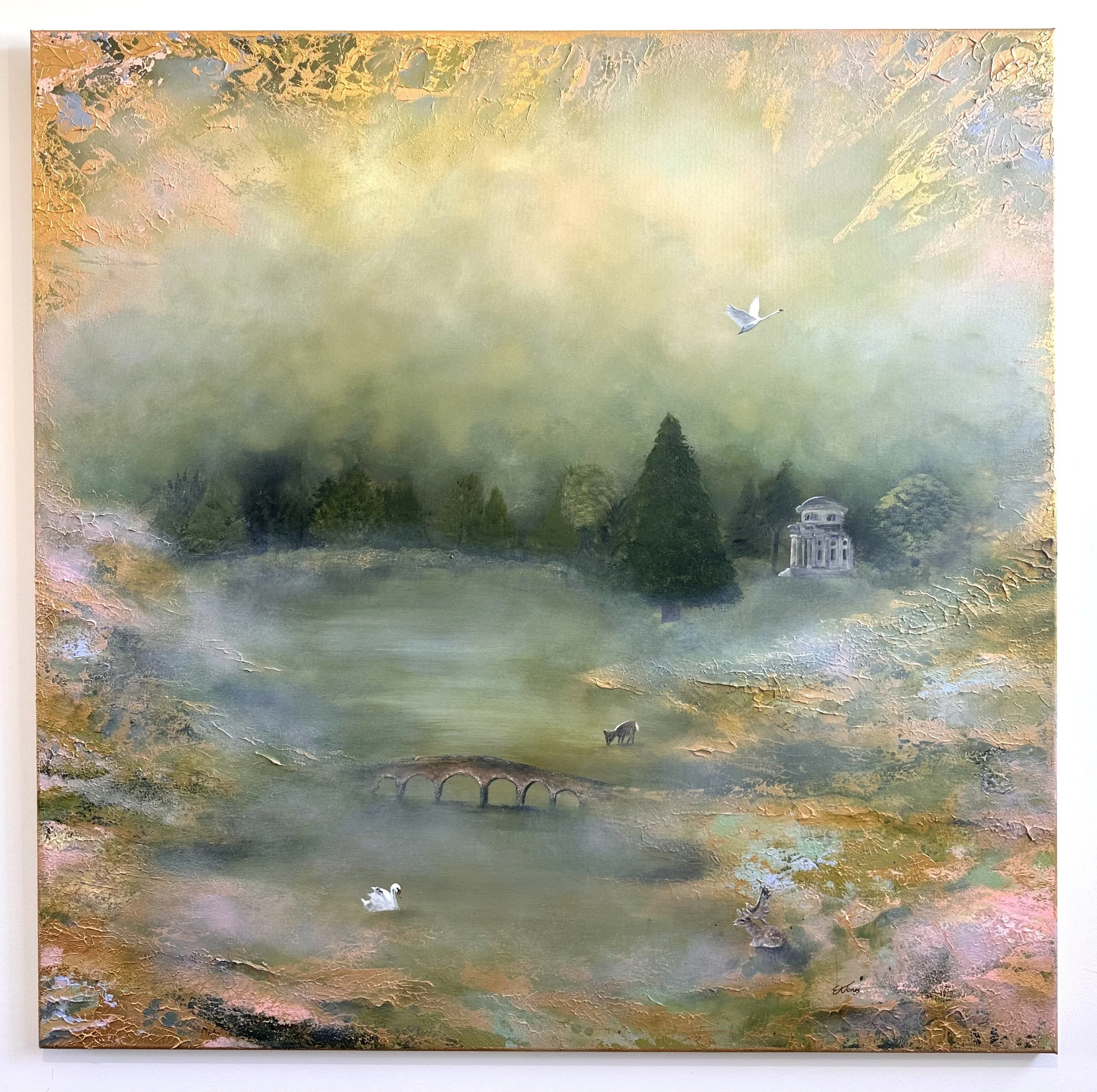 Abstract landscape painting depicting a misty, greenish-hued scene with trees and a bridge, featuring a floating white swan and a crouching animal, with a textured gold border.