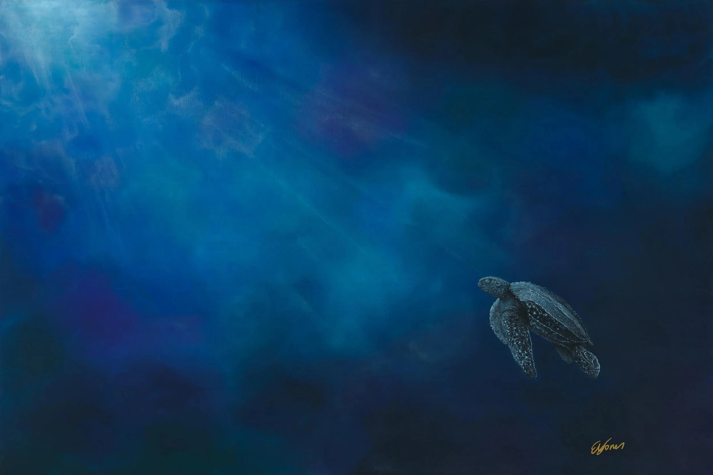 A detailed oil painting of a sea turtle swimming in deep blue ocean water, artist signature in bottom right corner.