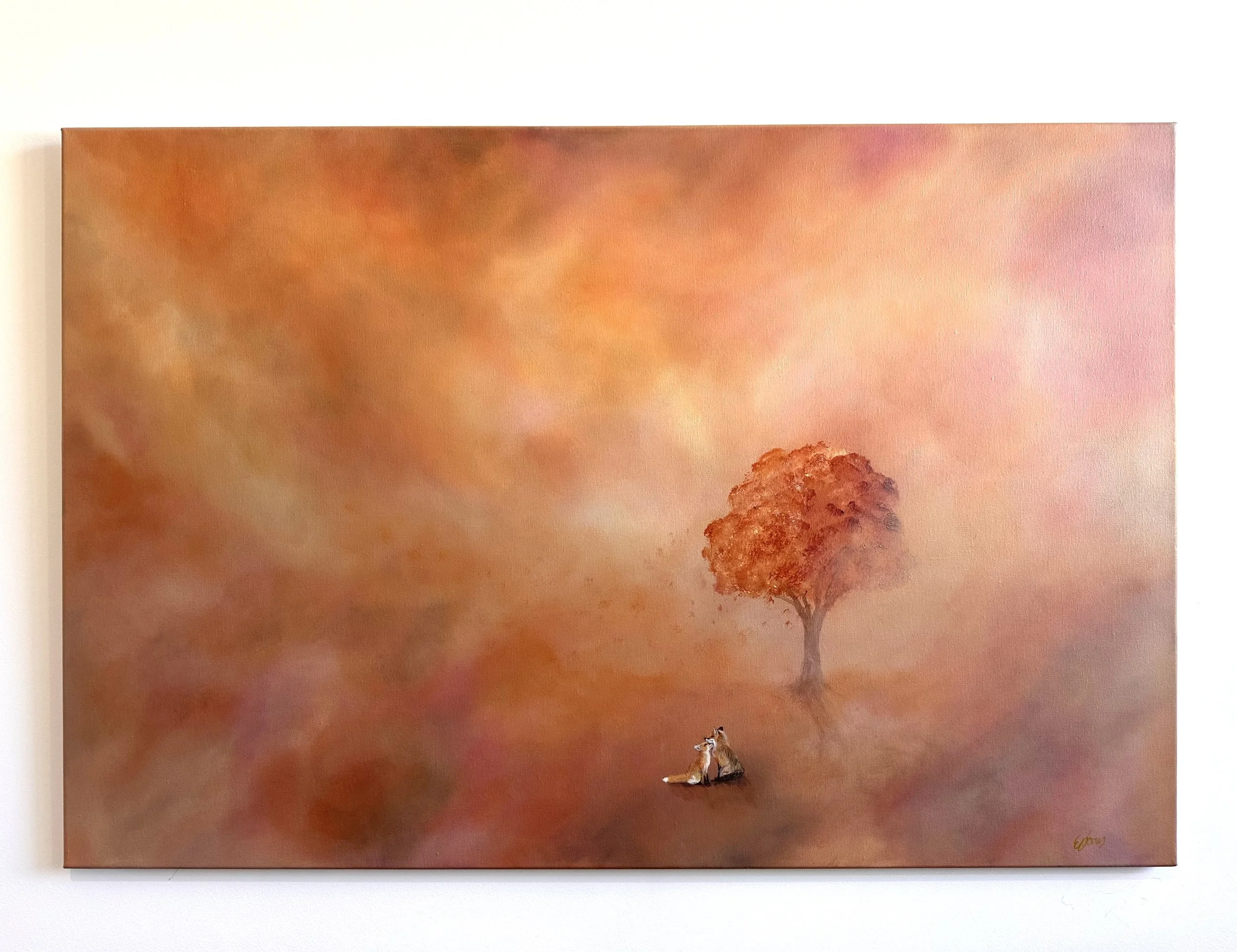 A painting depicting a lone animal, possibly a coyote, sitting on a reddish ground with a small, bare tree nearby, under a sky with warm, hazy colors.