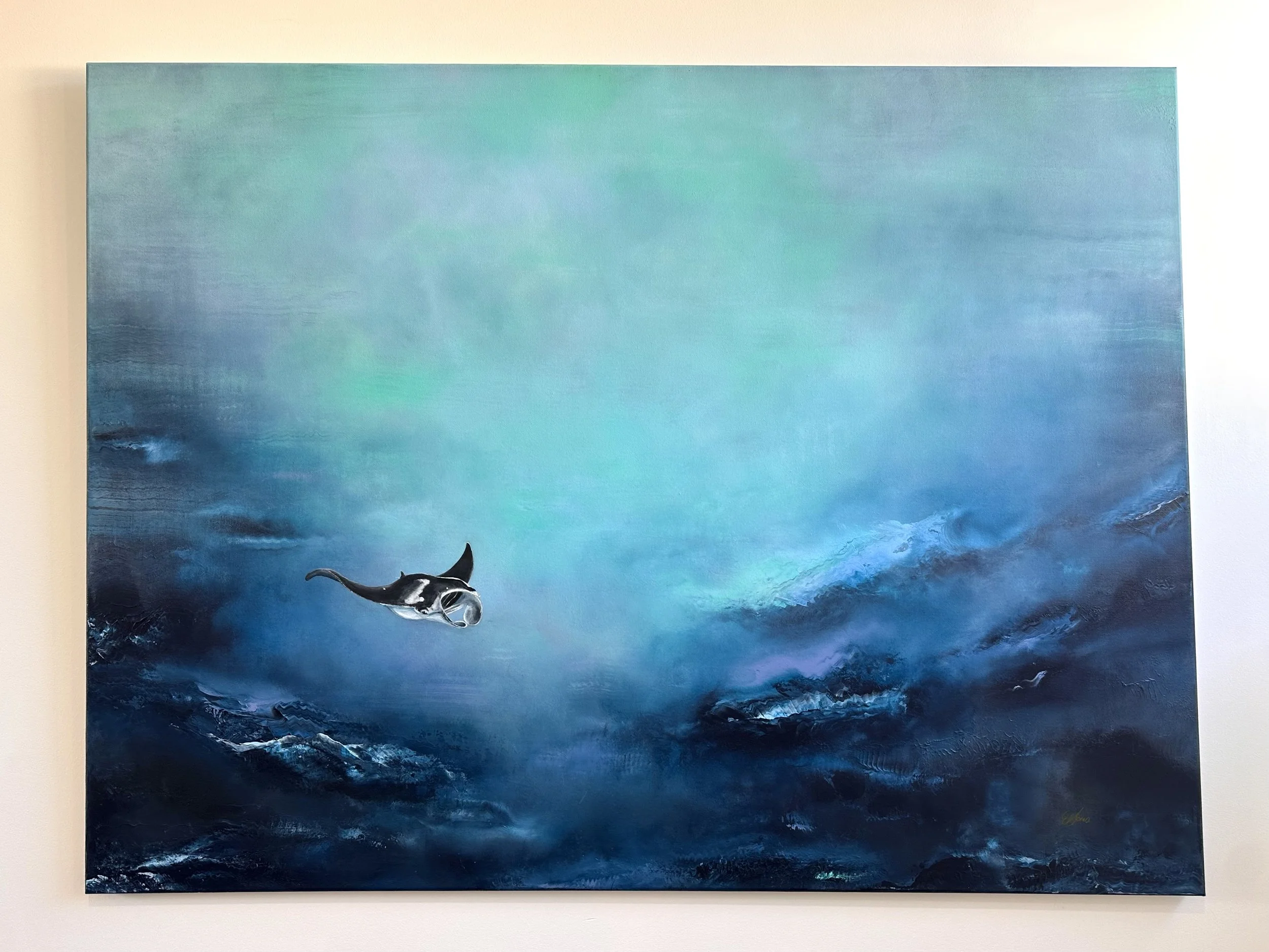 A painting of a whale fin rising from dark ocean waves against a blue-green sky.