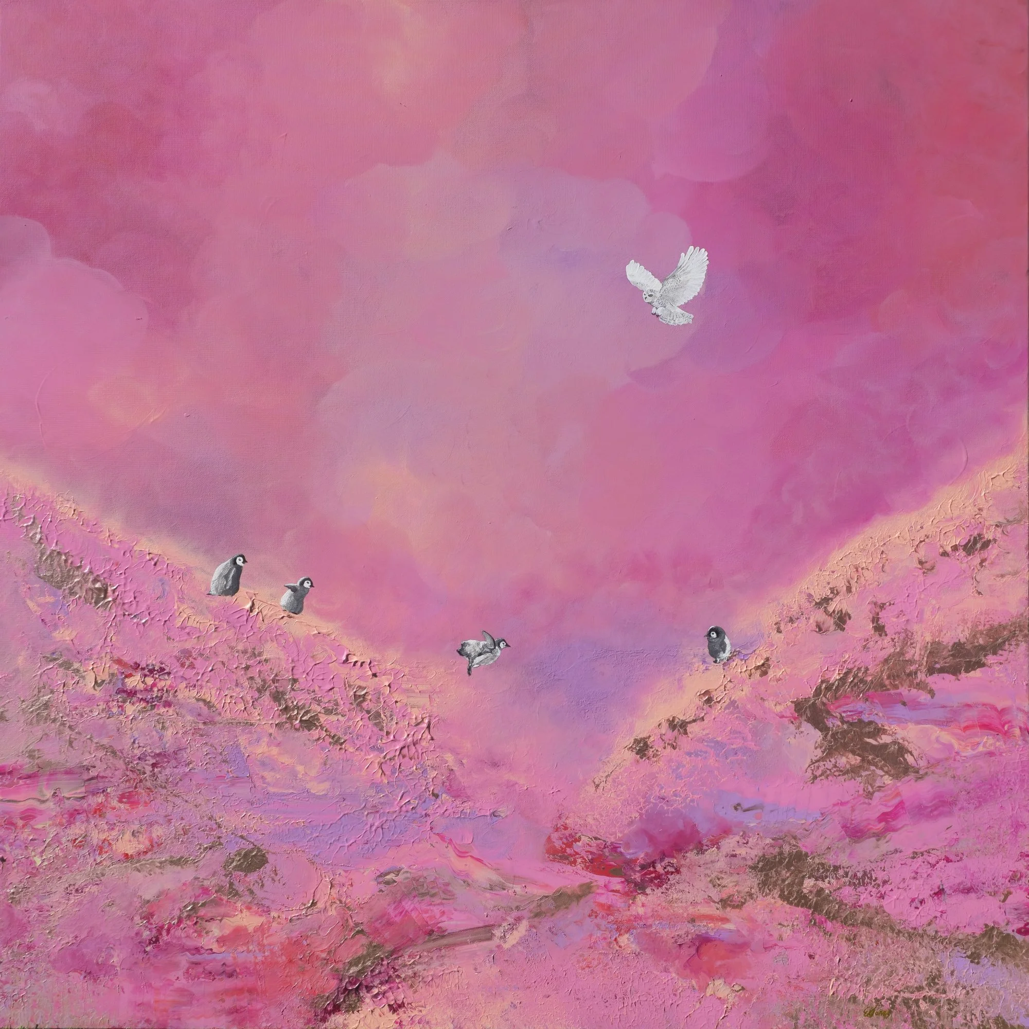 Winter Bloom – original acrylic painting, penguins and owl in vibrant pink and magenta sky. 90x90cm by Australian artist Emily of Studio et.