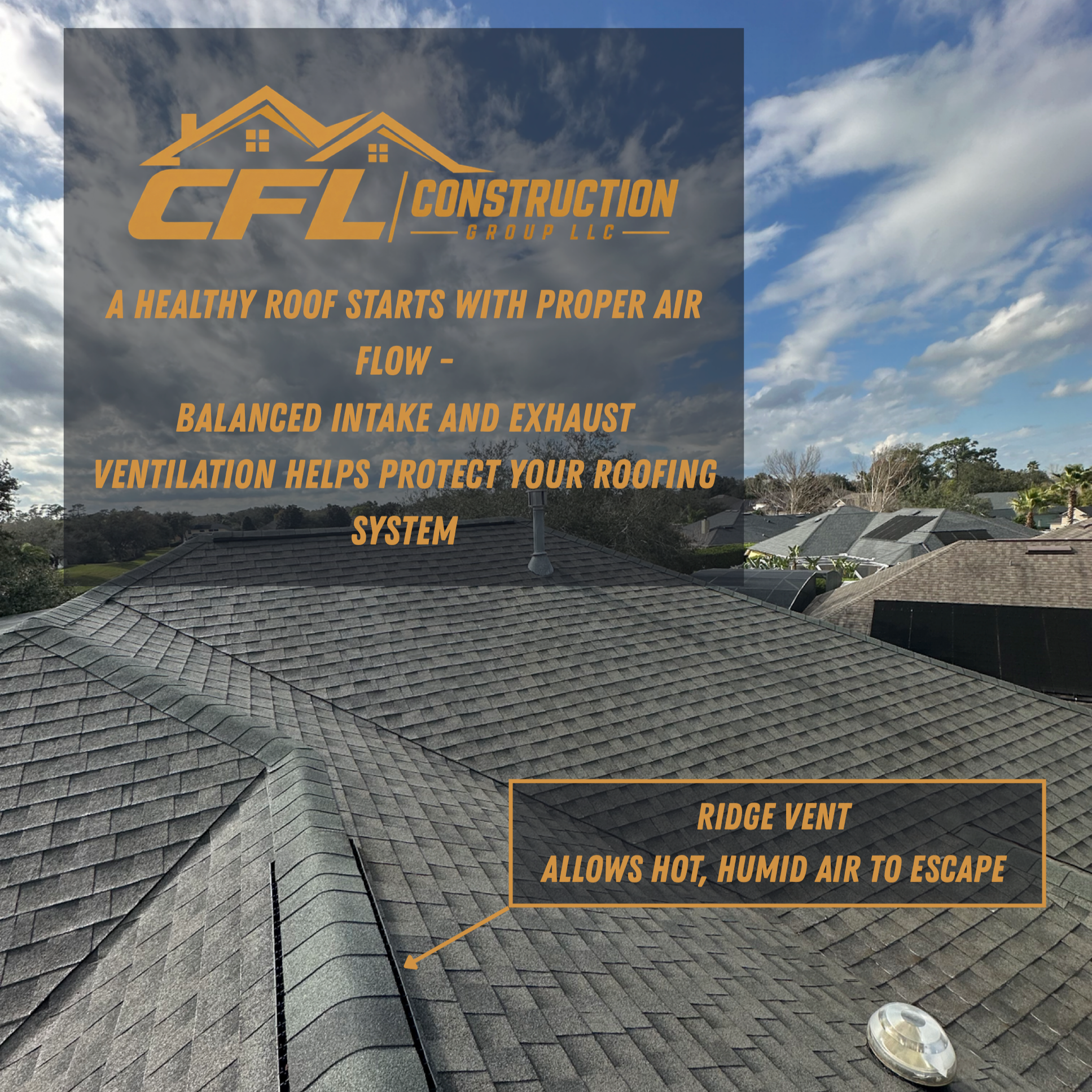 A rooftop with gray shingles featuring a ridge vent that has a small hood to escape hot, humid air, located near the bottom right of the roof.