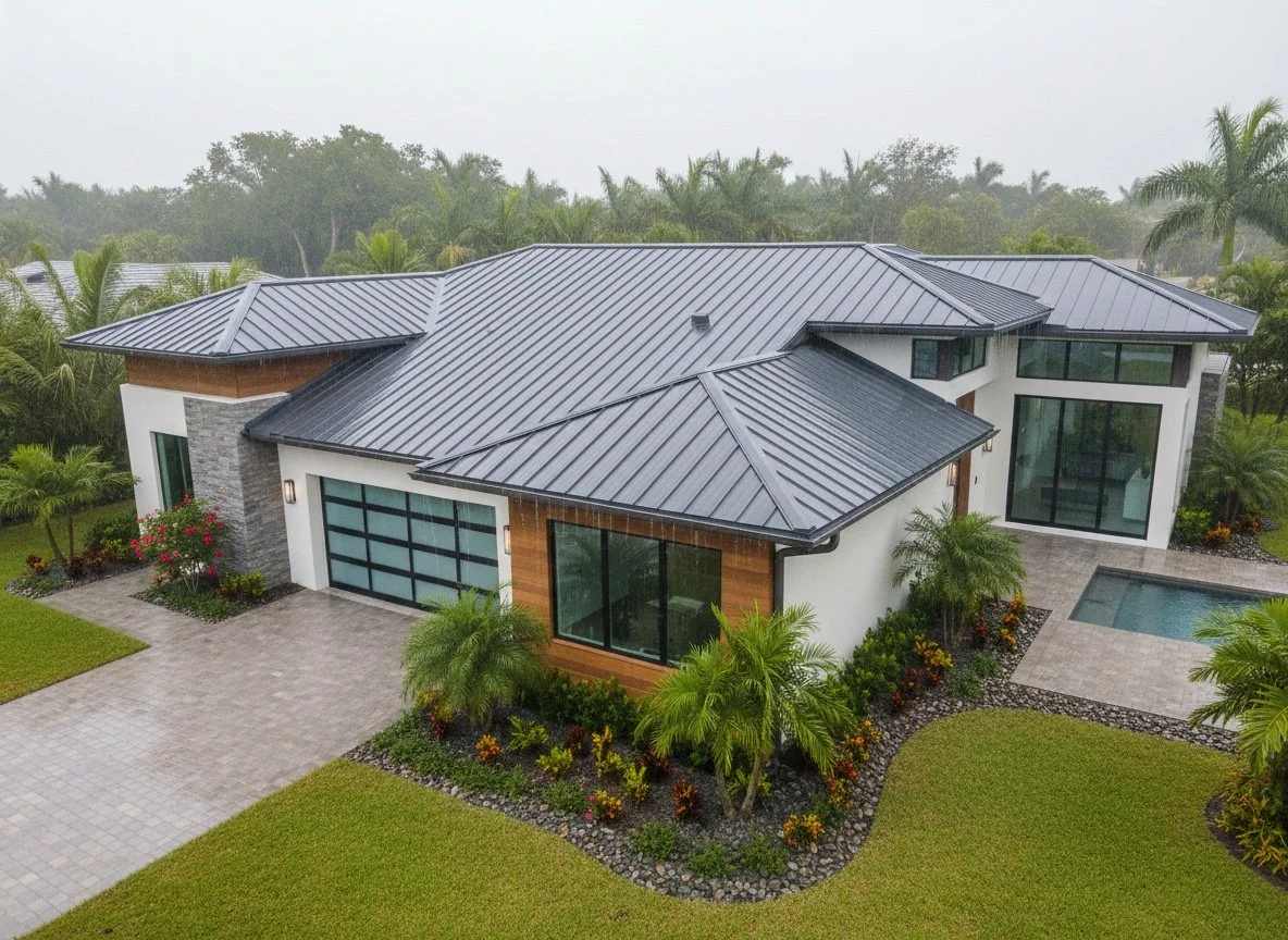 A modern house with a dark metal roof, large glass windows, surrounded by lush green landscaping and palm trees, with a small swimming pool in the backyard.